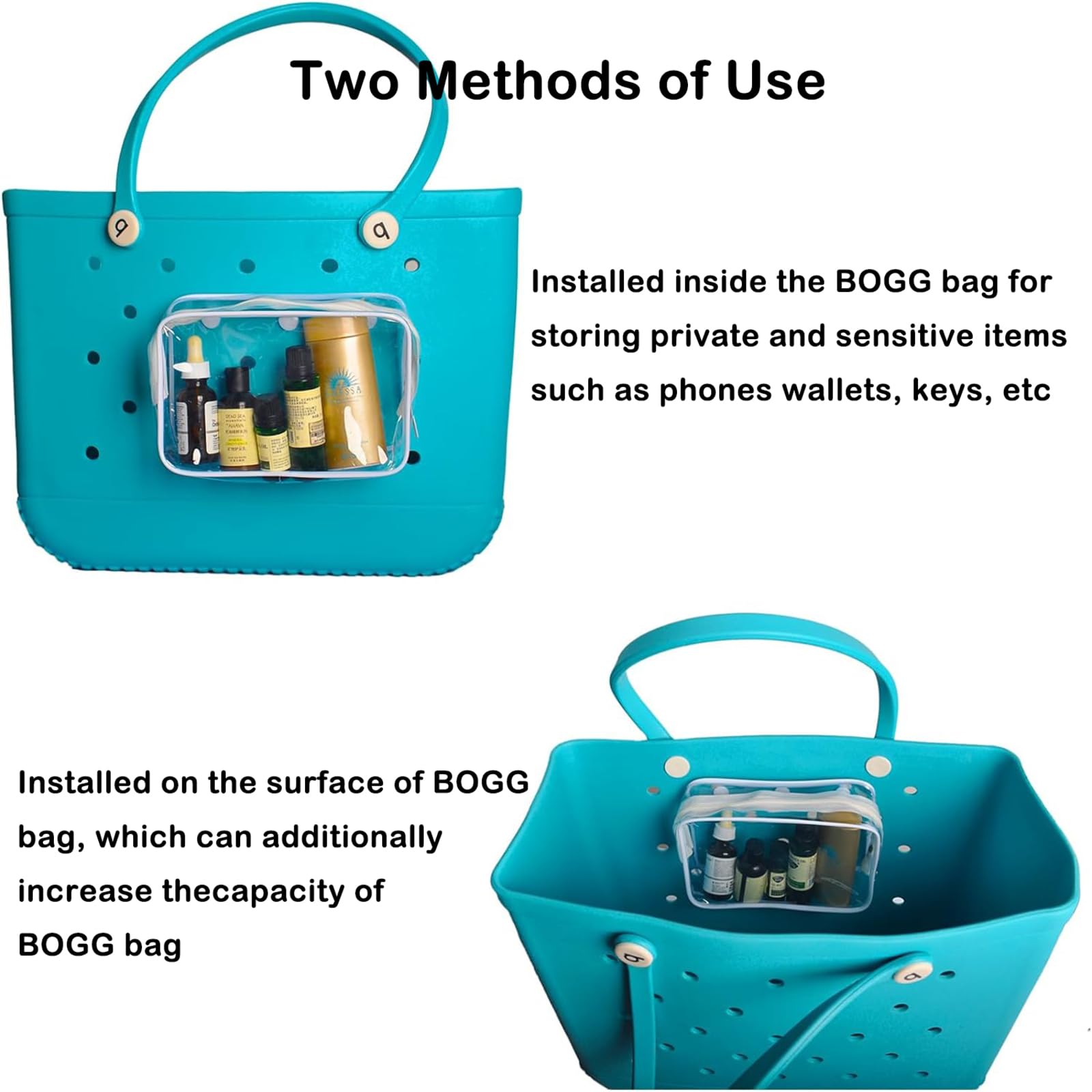 3 Pack Clear Beach Tote with Hooks - Travel & Cosmetic Organizer for Bogg Bags (Black)