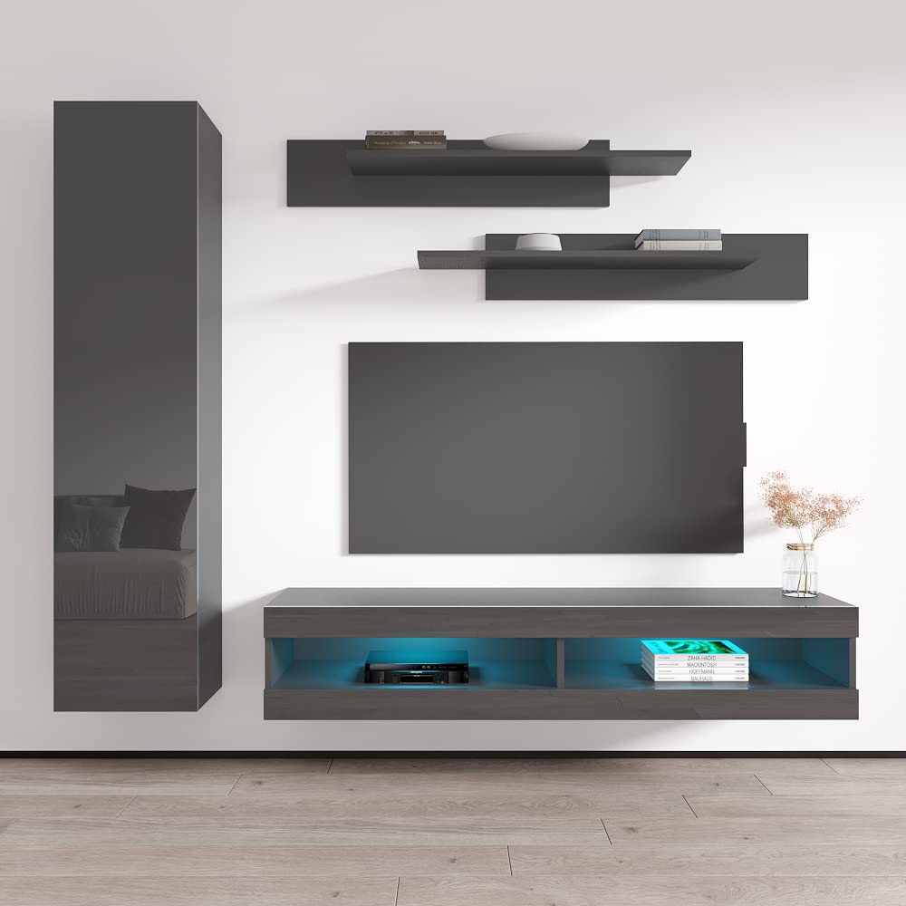 Modern Gray Wall-Mounted TV Stand with Storage Shelves & LED Lights - Meble Fly G34 Entertainment Center for Living Room & Bedroom - Space-Saving Media Console for 34