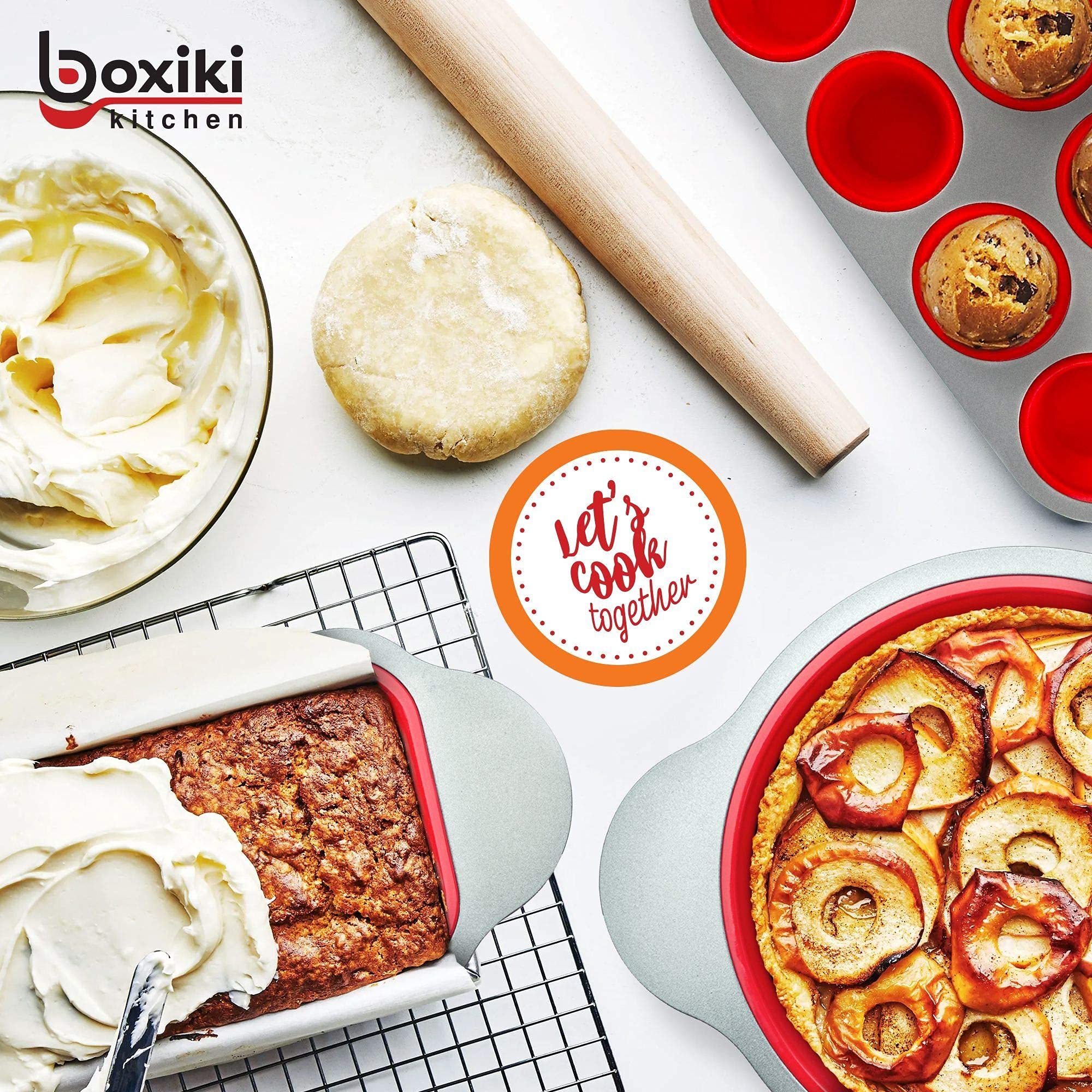 Boxiki Kitchen 13-Piece Non-Stick Silicone Baking Set - Cake Pan, Brownie Pan, Loaf Pan, Muffin Mold with Spatulas, Brush & Measuring Spoons | Oven, Freezer & Dishwasher Safe | Perfect for Baking Cakes, Cookies, Bread & More at Home