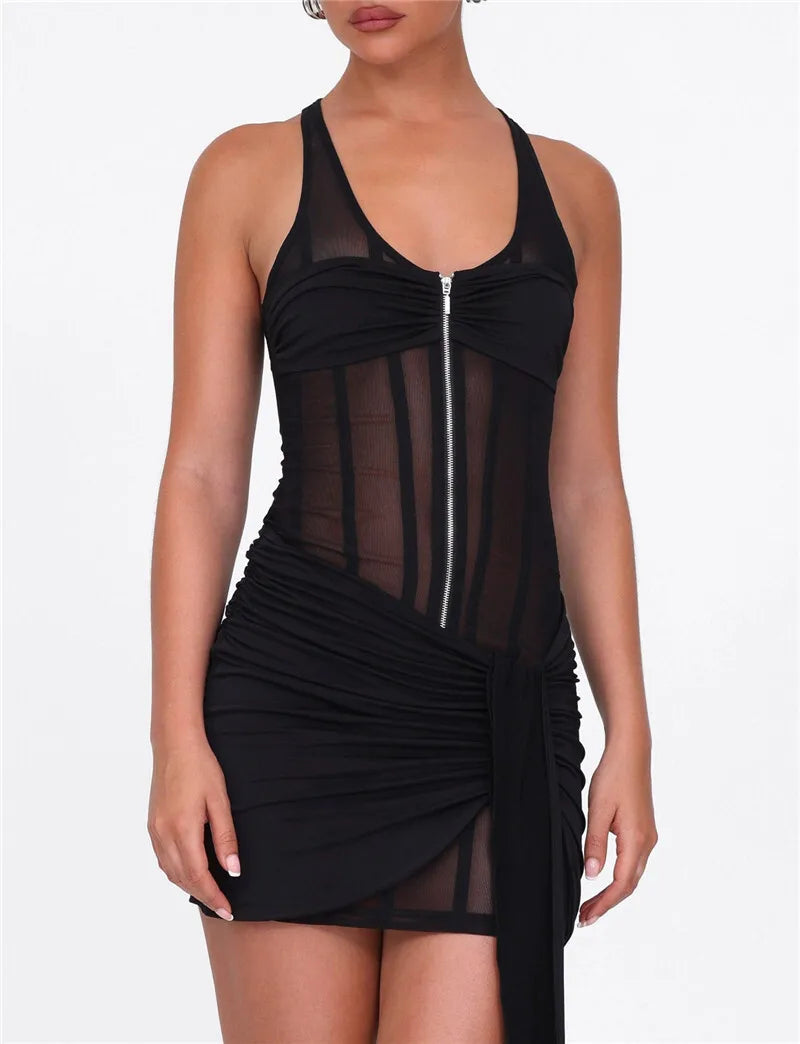 Sexy Black See-Through Mesh Ruched Mini Dress for Women - Sleeveless Bodycon Club Dress with Zipper Detail | Perfect for Night Out, Party & Summer Events