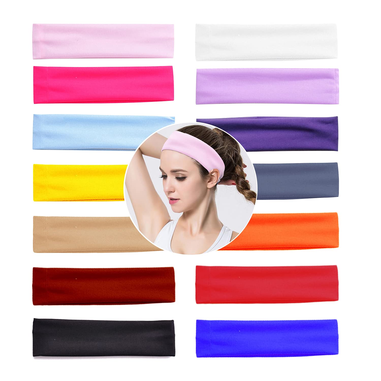 VEGCOO 14 Pack Stretchy Cotton Headbands for Women - Soft Elastic Hair Bands for Yoga, Pilates, Fitness & Sports - Assorted Colors Sweatband Set for Workouts, Dance, Running & Gym