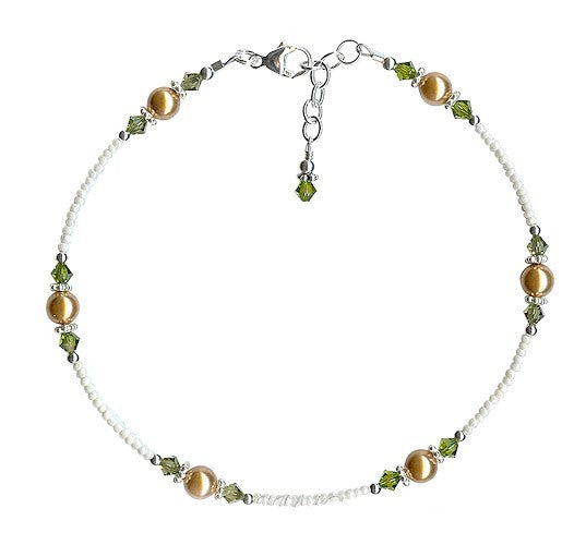 Olive Gold Pearl Beaded Anklet for Women - Elegant Adjustable Ankle Bracelet - Boho Beach Wedding Jewelry Gift for Her