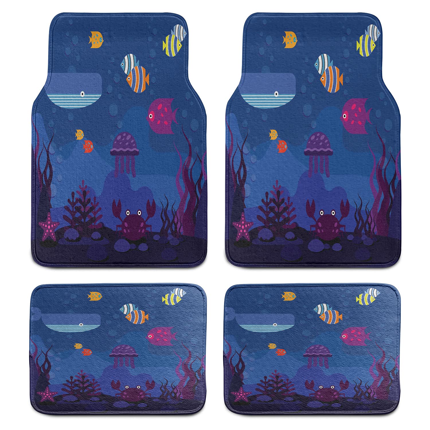 Ambesonne 4-Piece Cartoon Car Floor Mat Set - Underwater World Theme with Fish, Whale, Crabs, Jellyfish & Coral Design | Durable PVC Backing Non-Slip Car Accessories for Kids & Adults | Perfect for Family Road Trips, Beach Outings & Marine Lovers