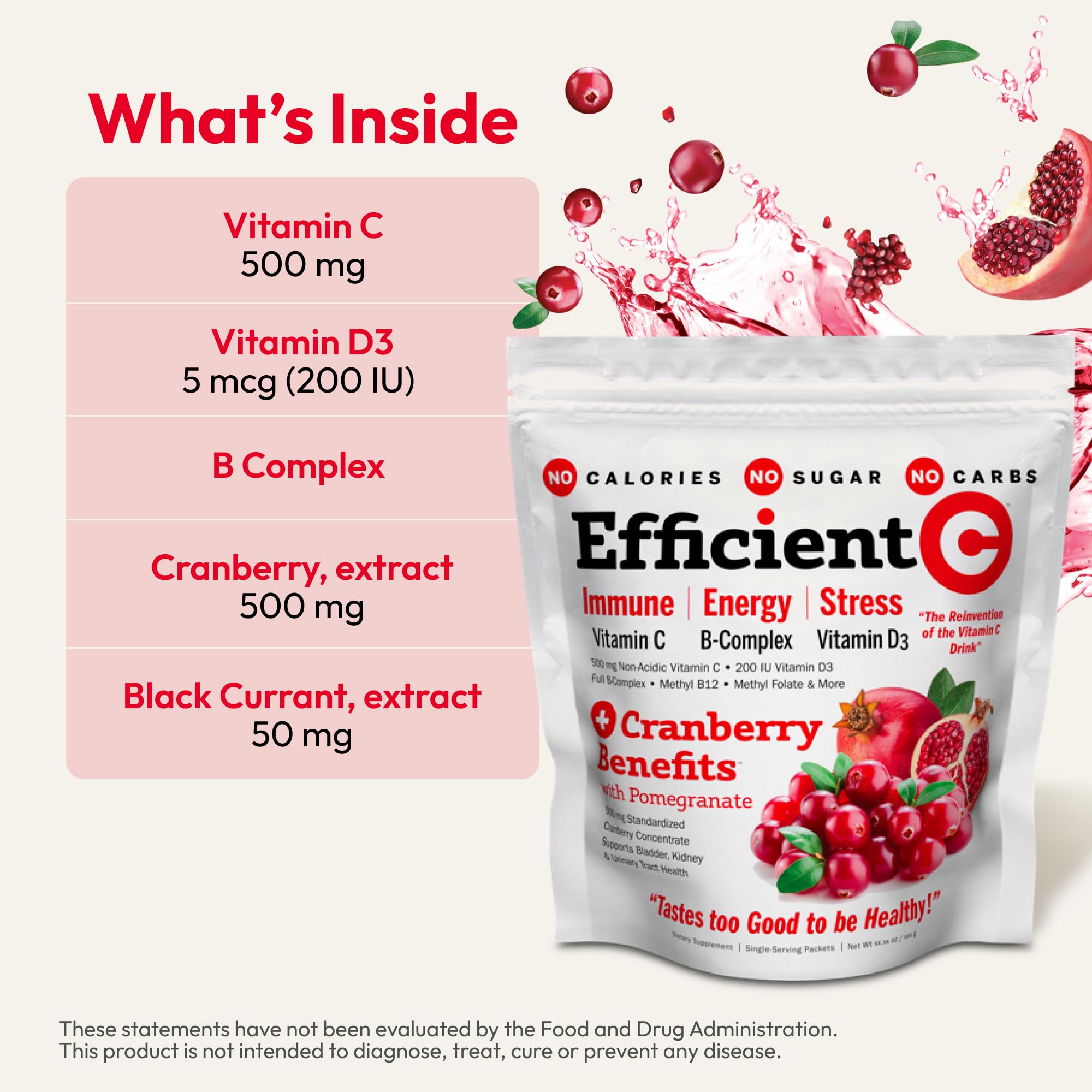 ANDREW LESSMAN Efficient C + Cranberry Benefits 180 Packets - Immune & Energy Support, Urinary Tract Health, Stress Relief | Sugar-Free, Zero Calorie, Low Carb Vitamin C Drink Mix | Perfect for Daily Wellness, Travel & On-The-Go Nutrition