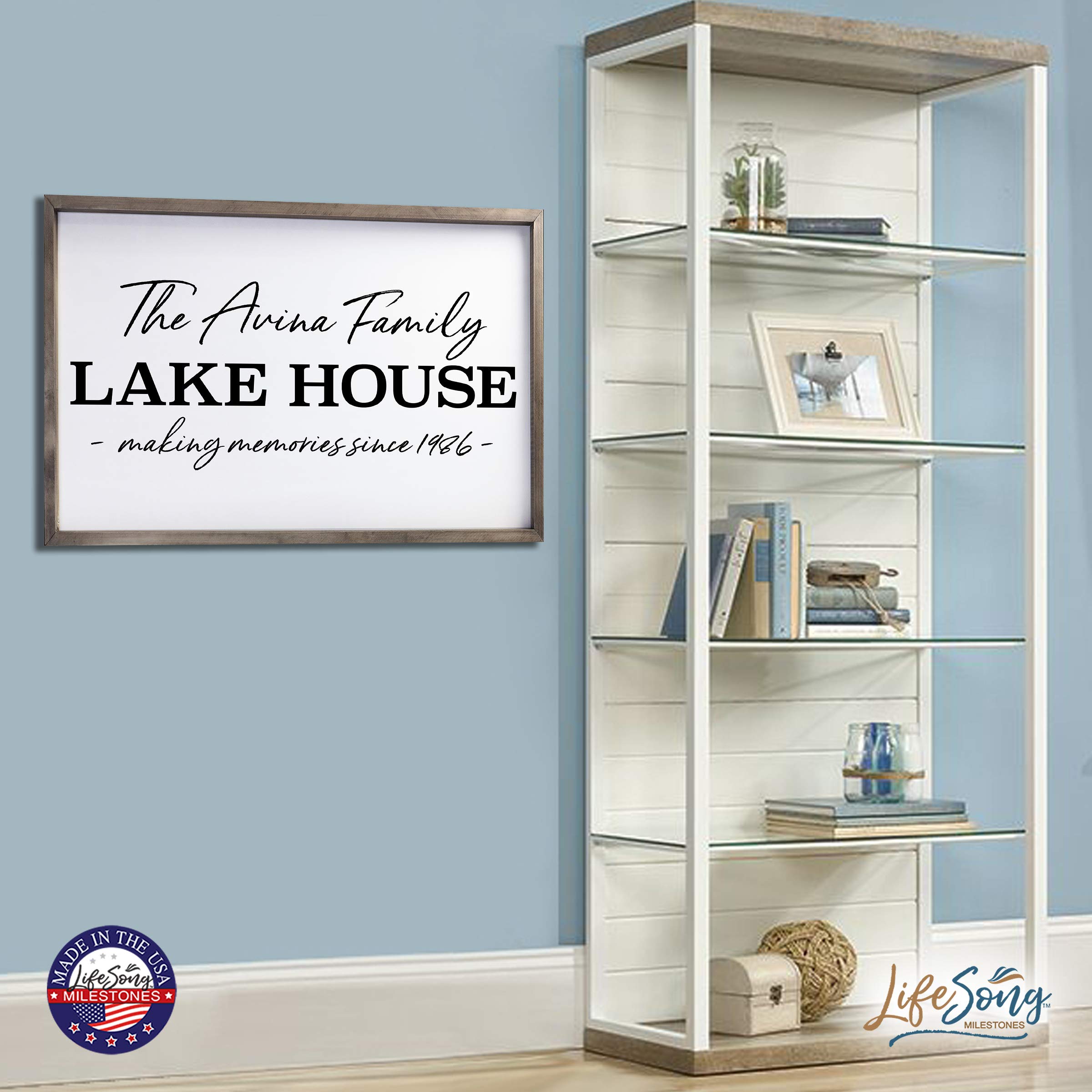 LifeSong Milestones Personalized Framed Shadow Box - Lake House Memory Keepsake Gift for Parents, Couples, Husband & Wife - 25x36 Gray Wall Decor for Home, Housewarming, Table & Shelf Display - Perfect for Anniversaries, Weddings & Family Memories