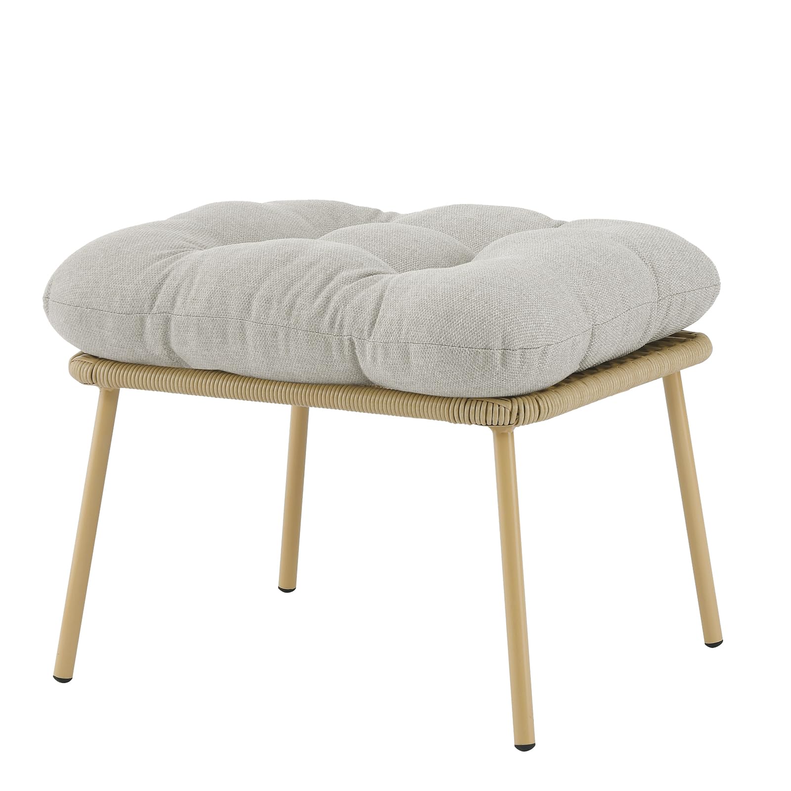 Outdoor Wicker Ottoman with Thick Cushion - Rattan Footrest Stool for Patio, Porch, Garden - Yellow/Beige - Perfect for Relaxing in Backyard or Outdoor Living Spaces