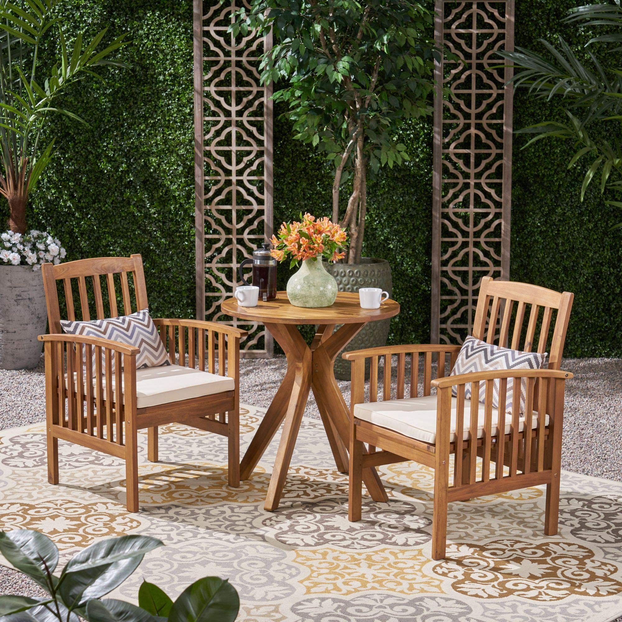 Modern 3-Piece Teak Brown Outdoor Patio Furniture Set with Cream White Cushions - Durable Bistro Dining Set for Garden, Backyard, Poolside & Balcony