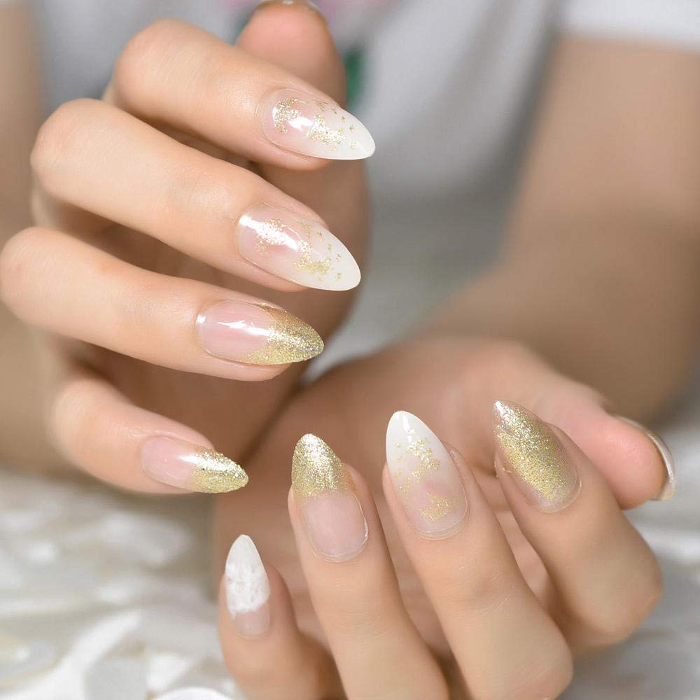 Elegant French Tip False Nails - White & Gold Almond Oval Fake Nails for Daily Wear, Party & Special Occasions | Easy DIY Nail Art Tips