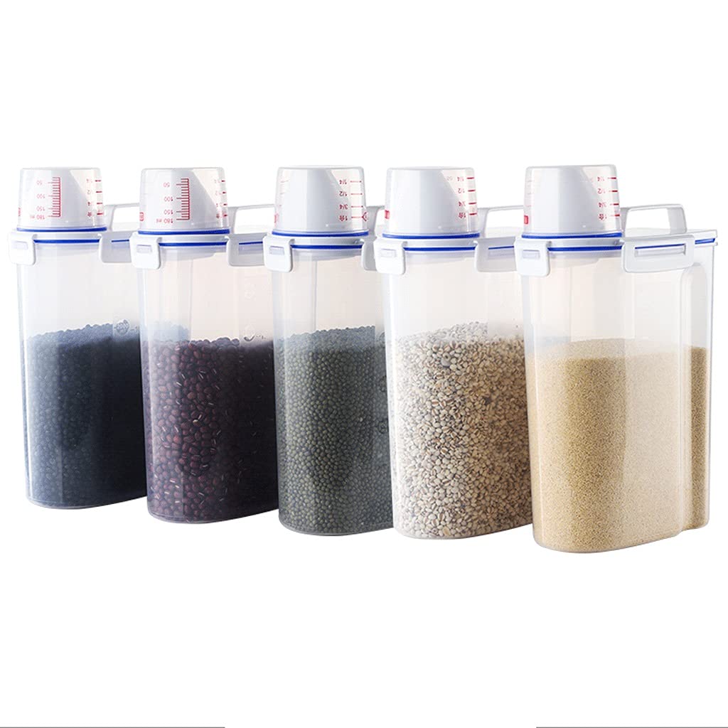 5-Piece Airtight Plastic Food Storage Containers Set with Measuring Cup - 3L Rice Bin for Kitchen, Grains, Cereal - BPA-Free, Stackable, Space-Saving (Ideal for Pantry Organization & Bulk Food Storage)