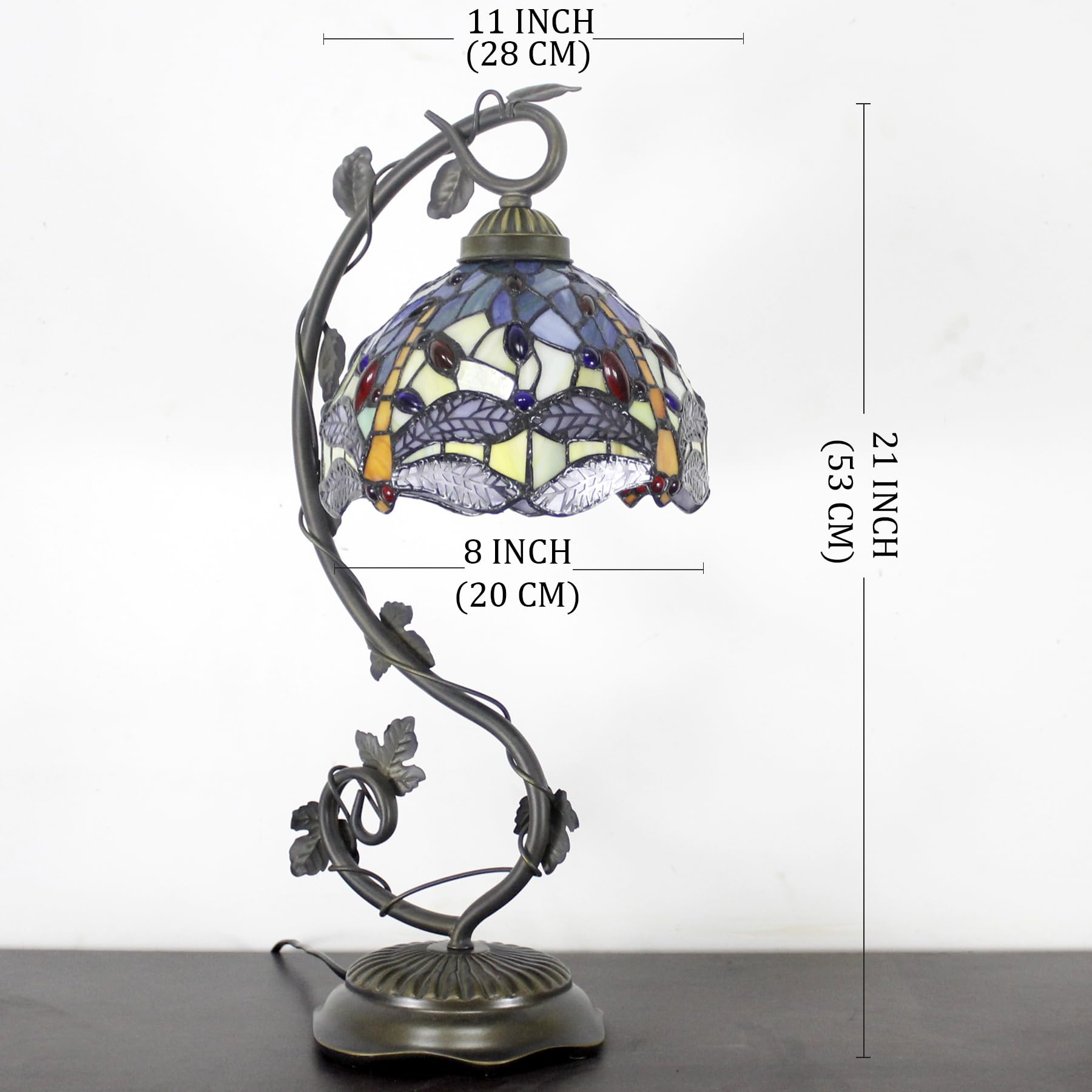 Tiffany Style Stained Glass Table Lamp with Blue & Yellow Dragonfly Design - Metal Leaf Base, 8x10x21 Inches - Perfect for Bedroom, Home Office, Living Room Decor - S128 Series