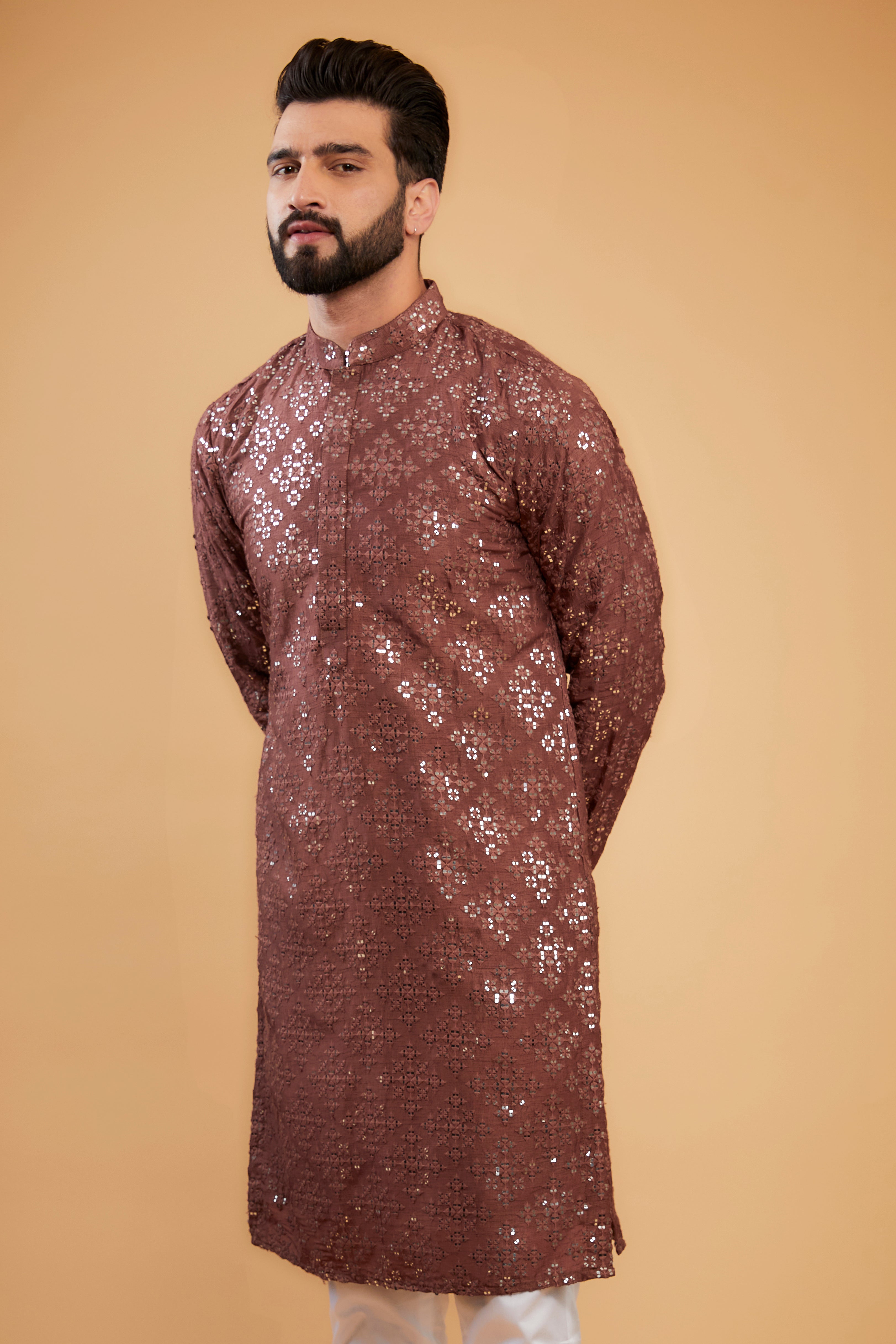 Elegant Mauve Taupe Mirror Work Kurta for Women | Traditional Indian Embroidered Tunic | Perfect for Festivals, Weddings & Ethnic Parties