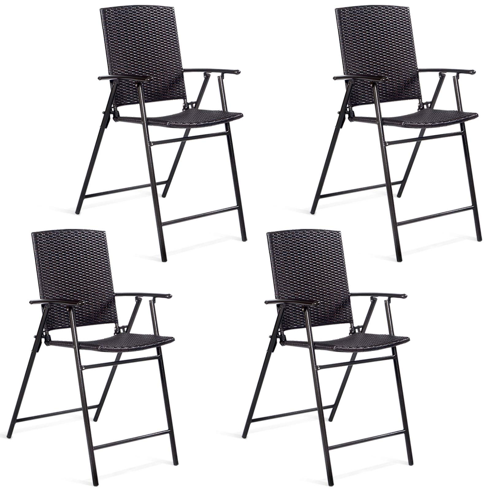4-Piece Folding Wicker Rattan Bar Stool Set - Tall Backrest Bar Chairs with Steel Frame, Armrests & Footrest - Outdoor Patio Furniture for Garden, Poolside & Restaurant Use