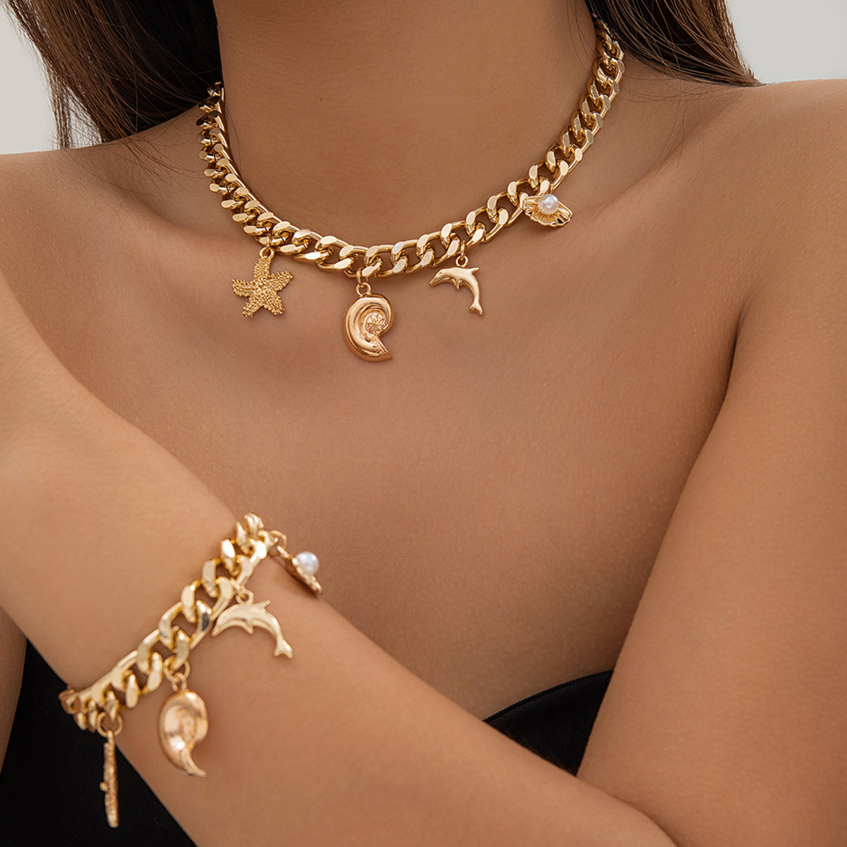 Dolphin Starfish Pendant Necklace & Bracelet Set - Ocean Themed Jewelry for Women, Beach Vacation Gift, Summer Accessories for Sea Lovers