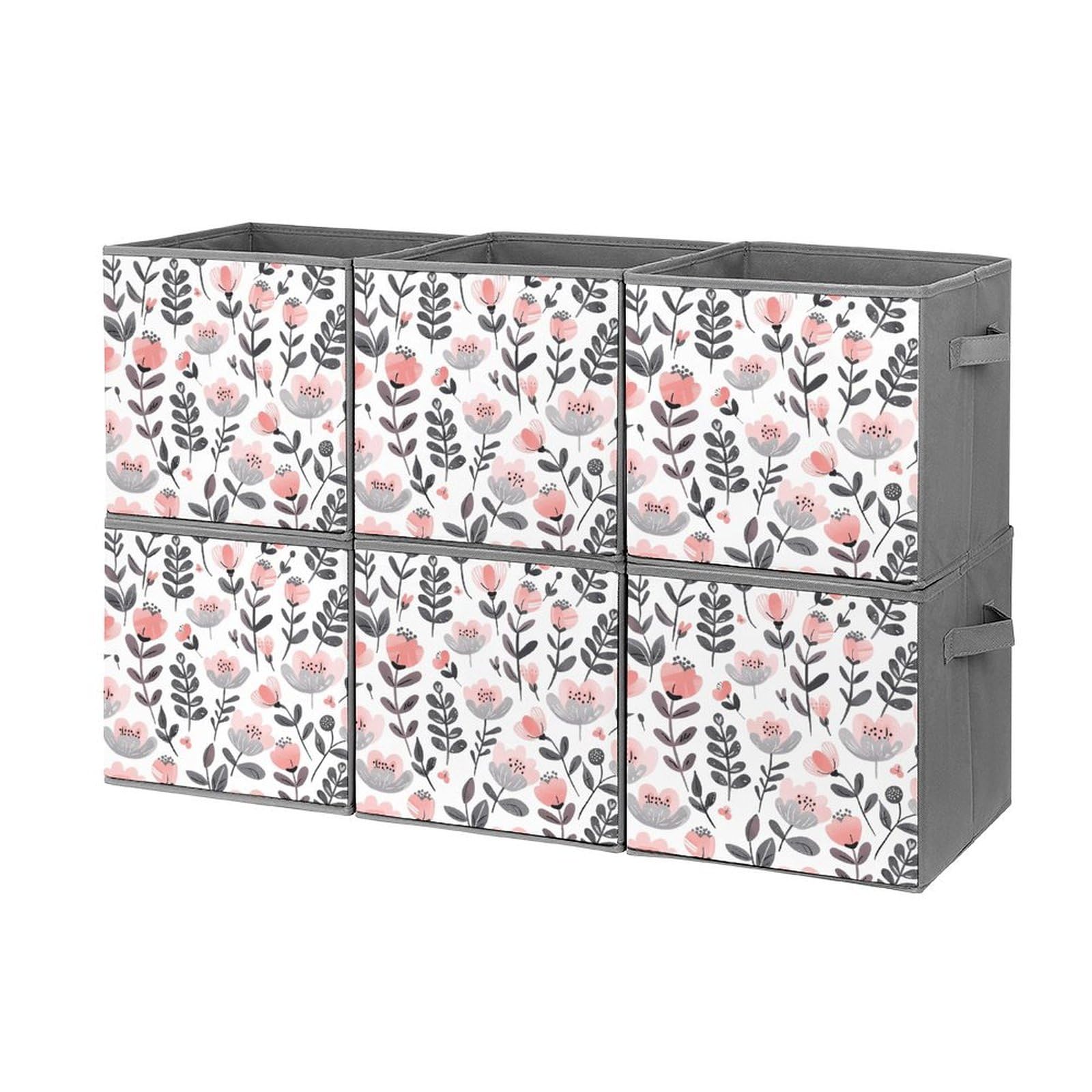 6-Pack Collapsible Storage Bins with Handles - Peach Blossom Printed Foldable Organizer Boxes for Home, Closet, Pantry & Shelf Organization - Space Saving Storage Baskets for Household, Office & Kids Room