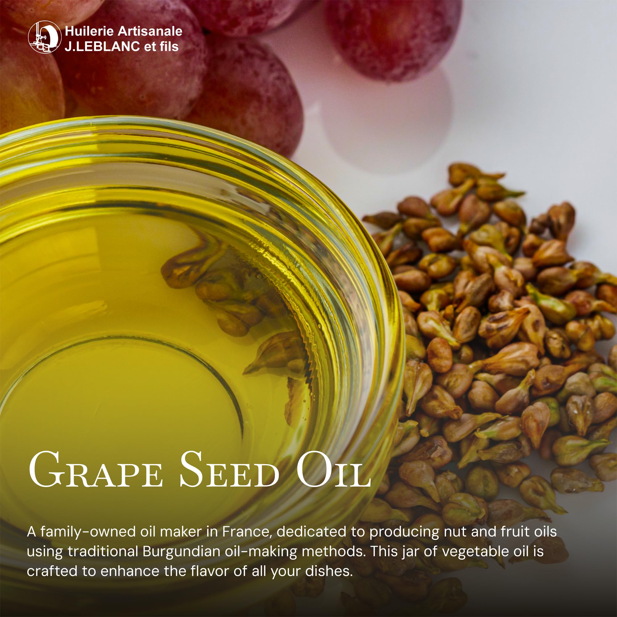 Pure Grapeseed Oil for Cooking & Skin Care - Cold Pressed J. Leblanc Grape Seed Oil 16 Fl oz - Ideal for Salad Dressings, Baking & Natural Moisturizer