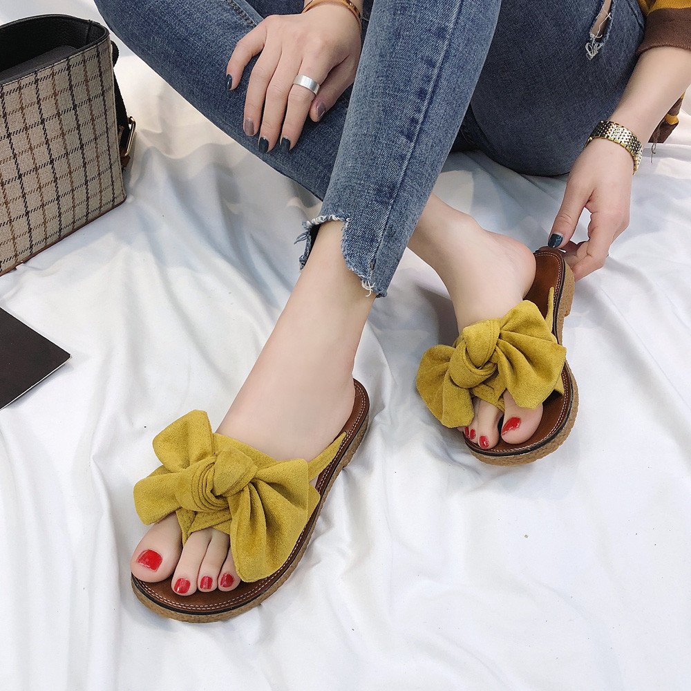 Women's Flat Slide Sandals - Comfortable Cork Sole & Cute Knot Bow Design - Breathable Canvas Summer Sandals for Casual Wear, Beach, and Outdoor Activities