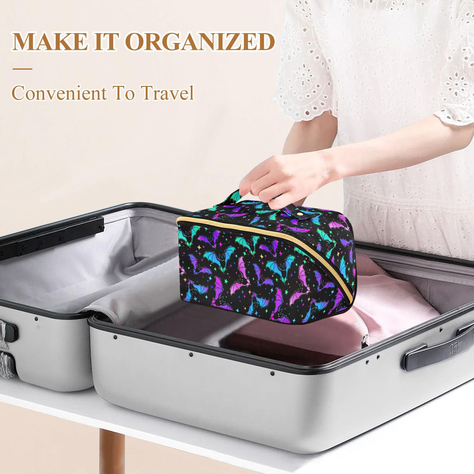 Halloween Luminous Bats Makeup Organizer Bag - Large Capacity Travel Cosmetic Case for Women | Perfect for Travel, Parties & Everyday Use