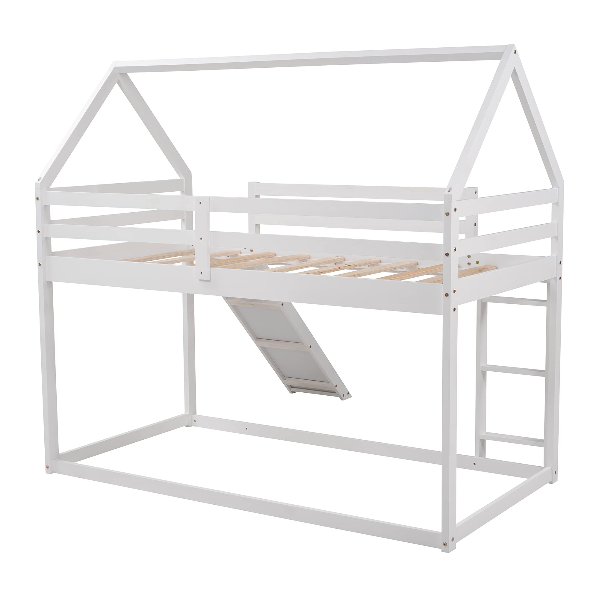 Merax Twin Over Twin Bunk Bed with Slide & Ladder - Kids House Bed with Roof & Low Floor Frame - Fun & Safe Sleeping Solution for Boys, Girls & Teens - Perfect for Small Bedrooms, Playrooms & Sleepovers