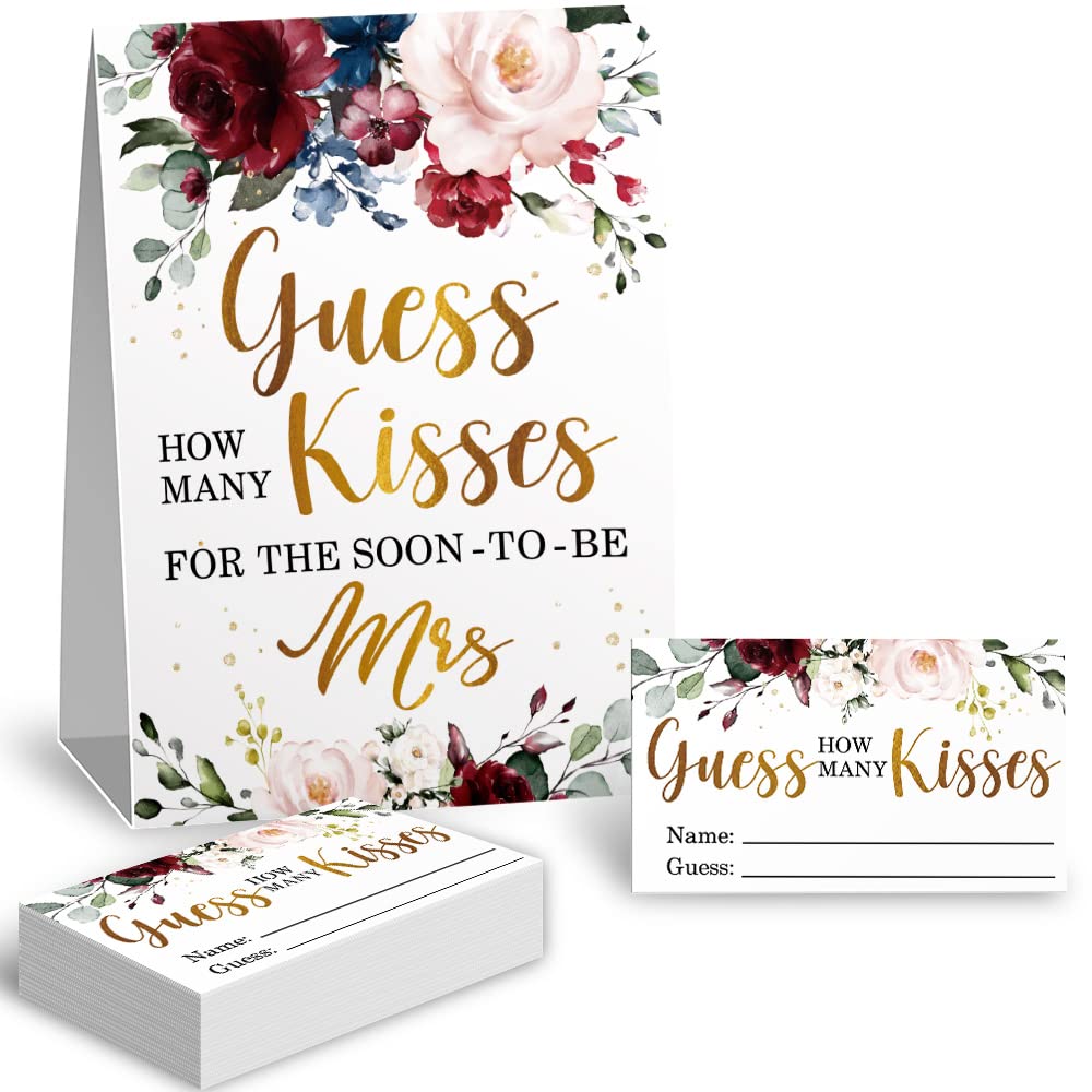 Guess How Many Kisses in The Jar Bridal Shower Game - Floral Wedding Shower Activity with 1 Sign & 50 Cards Set - Perfect for Bachelorette Parties, Bridal Decorations and Fun Wedding Games