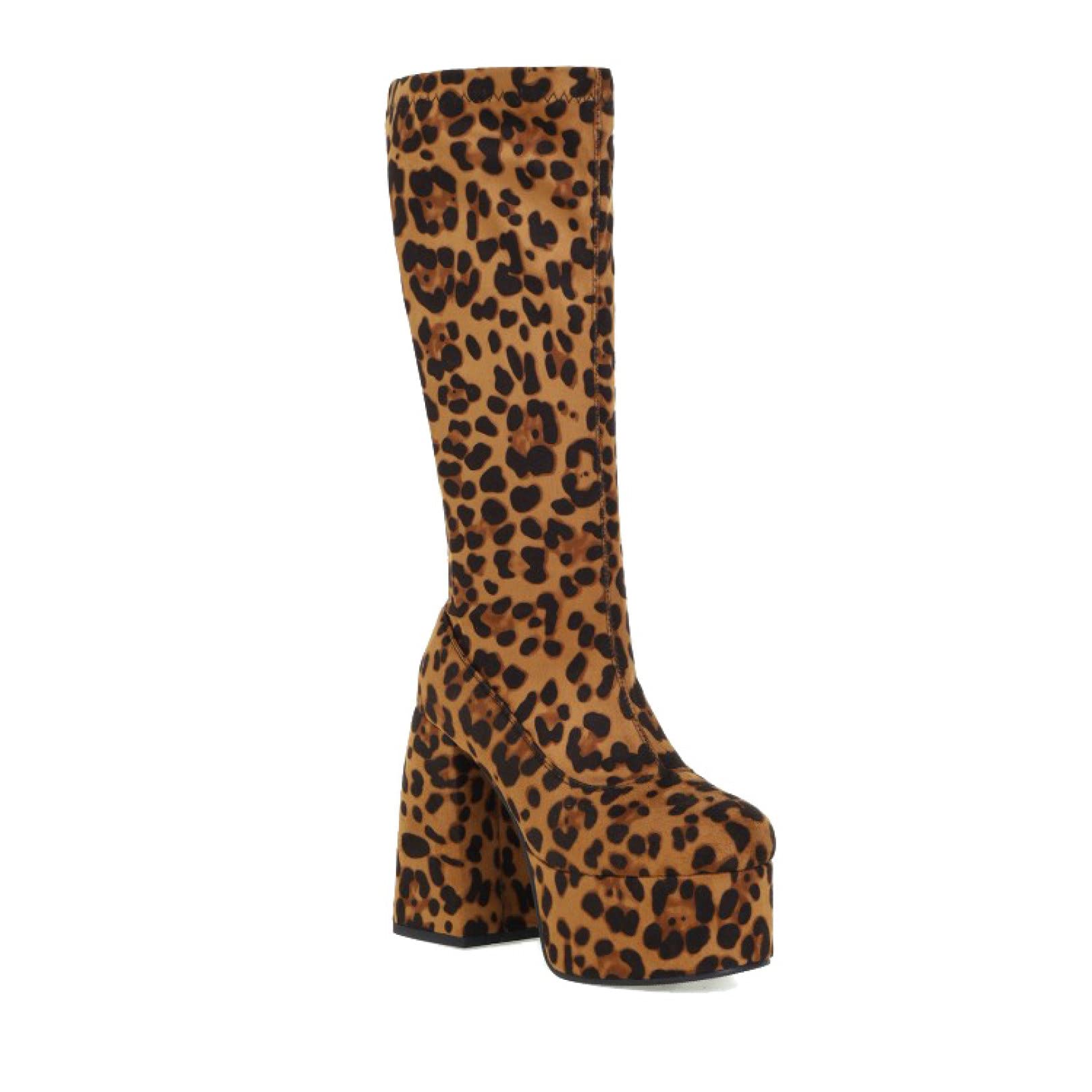 Hoxekle Women's Fashion Knee High Suede Boots - Leopard Print, Side Zipper, Square Toe, Thick Platform - Perfect for Nightclub, Party & Winter Outfits