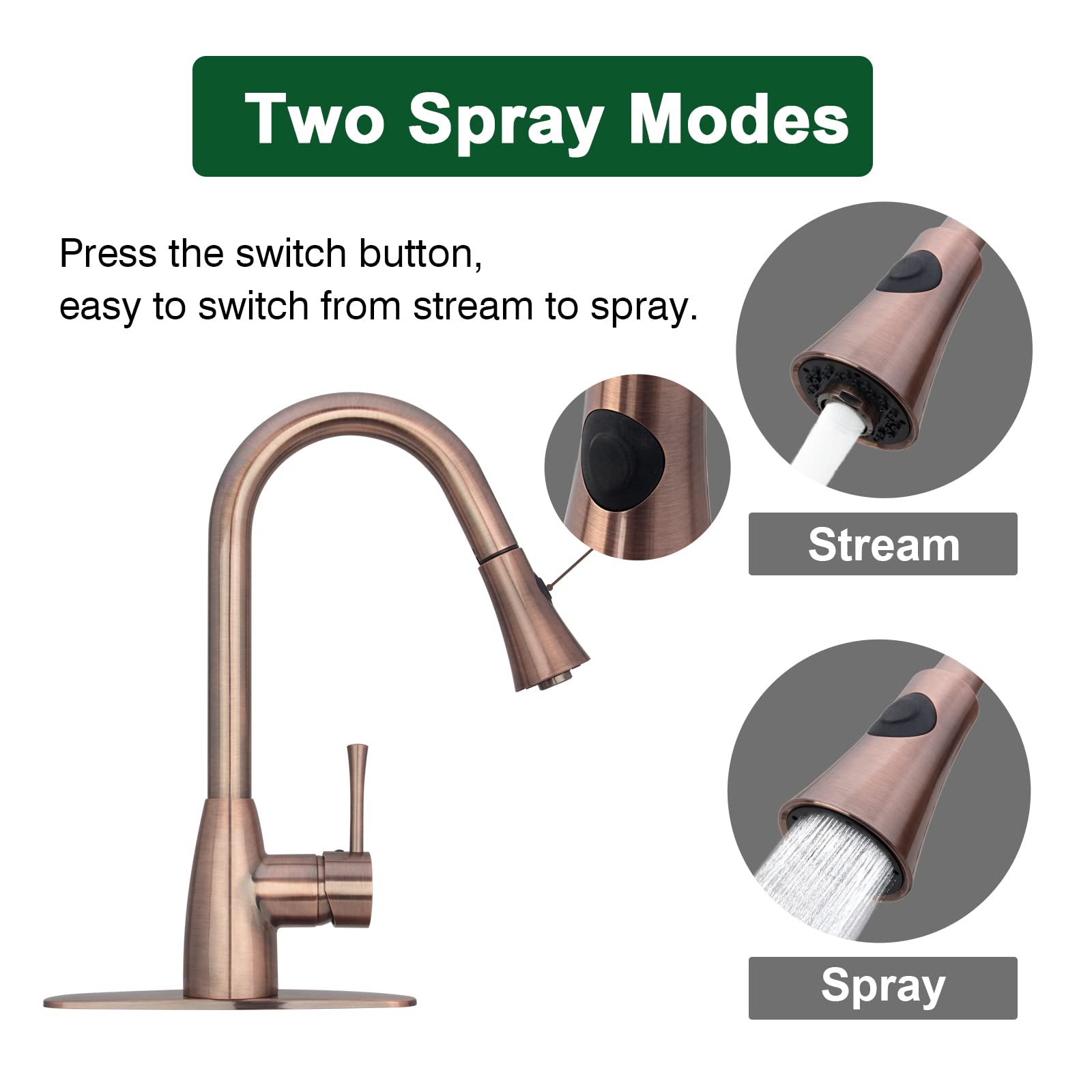 Akicon Antique Copper Pull Out Kitchen Faucet - Single Level Solid Brass Sink Faucet with Pull Down Sprayer - Perfect for Modern Farmhouse & Vintage Style Kitchens