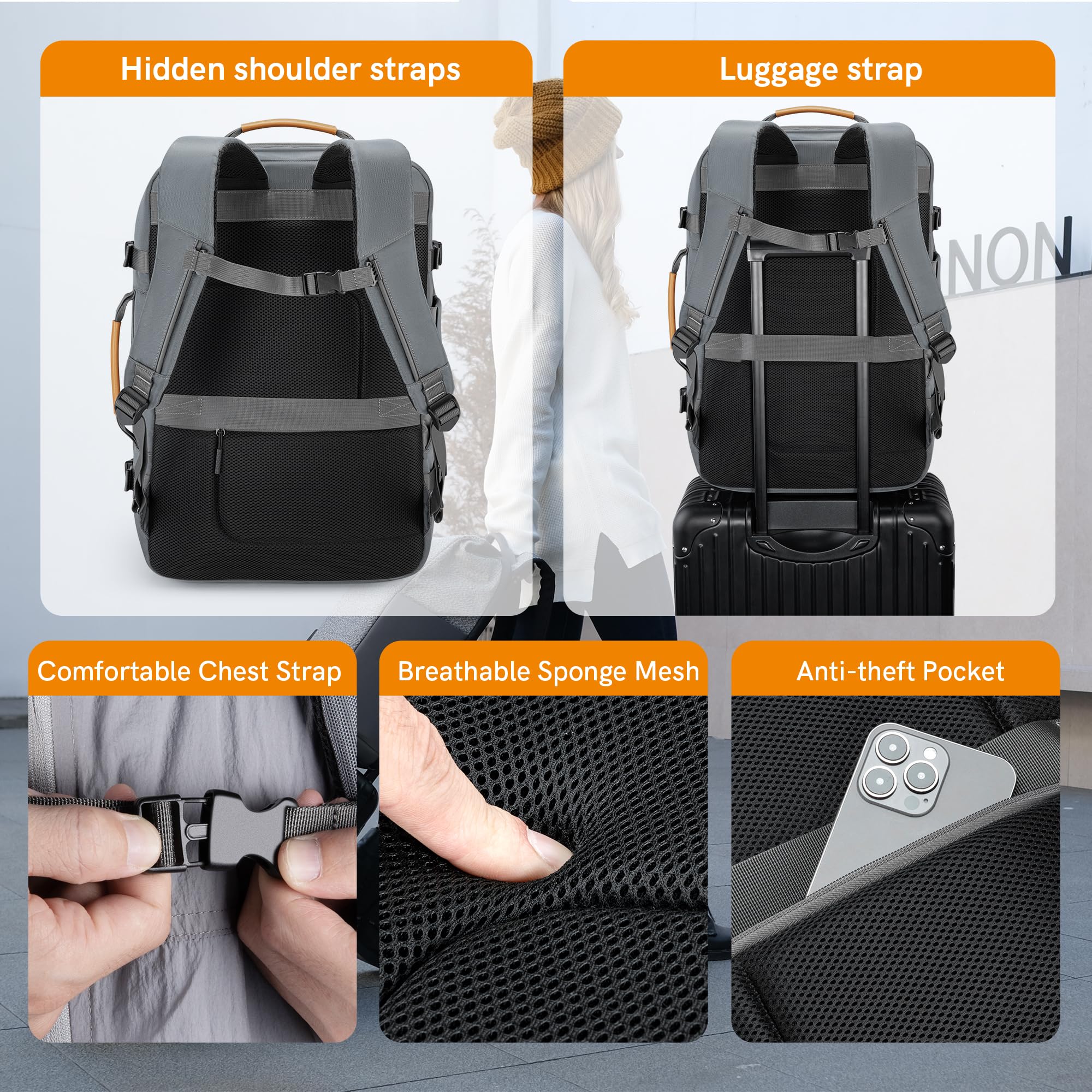 VGOAL 40L Expandable Travel Backpack for Women & Men - Flight Approved Carry On Backpack with 4 Packing Cubes - Perfect for Weekend Trips, Business Travel & Outdoor Adventures