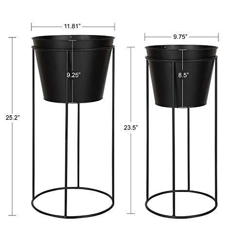 Set of 2 Modern Black Metal Planters with Wire Stands - Indoor/Outdoor Flower Pots for Home Decor, Patio, Garden & Office Plants