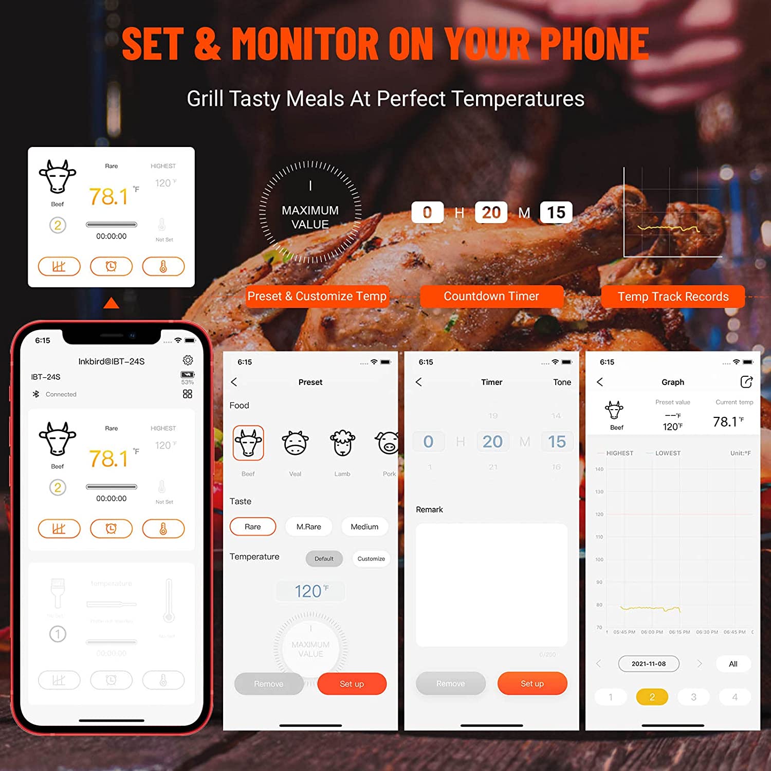 IBT-24S Wireless Bluetooth BBQ Meat Thermometer for Grilling, Smoking, and Cooking – Perfect for Outdoor BBQ, Camping, and Home Kitchen Use
