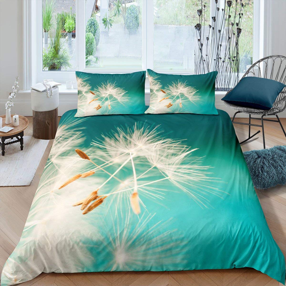 Erosebridal Dandelion Duvet Cover Set - King Size Fluffy Flower Botanical Bedding with Zipper Closure | Lightweight Teal Blue Comforter Cover for Kids & Teens | Perfect for Romantic Bedrooms, Nursery Decor & Cozy Home Styling