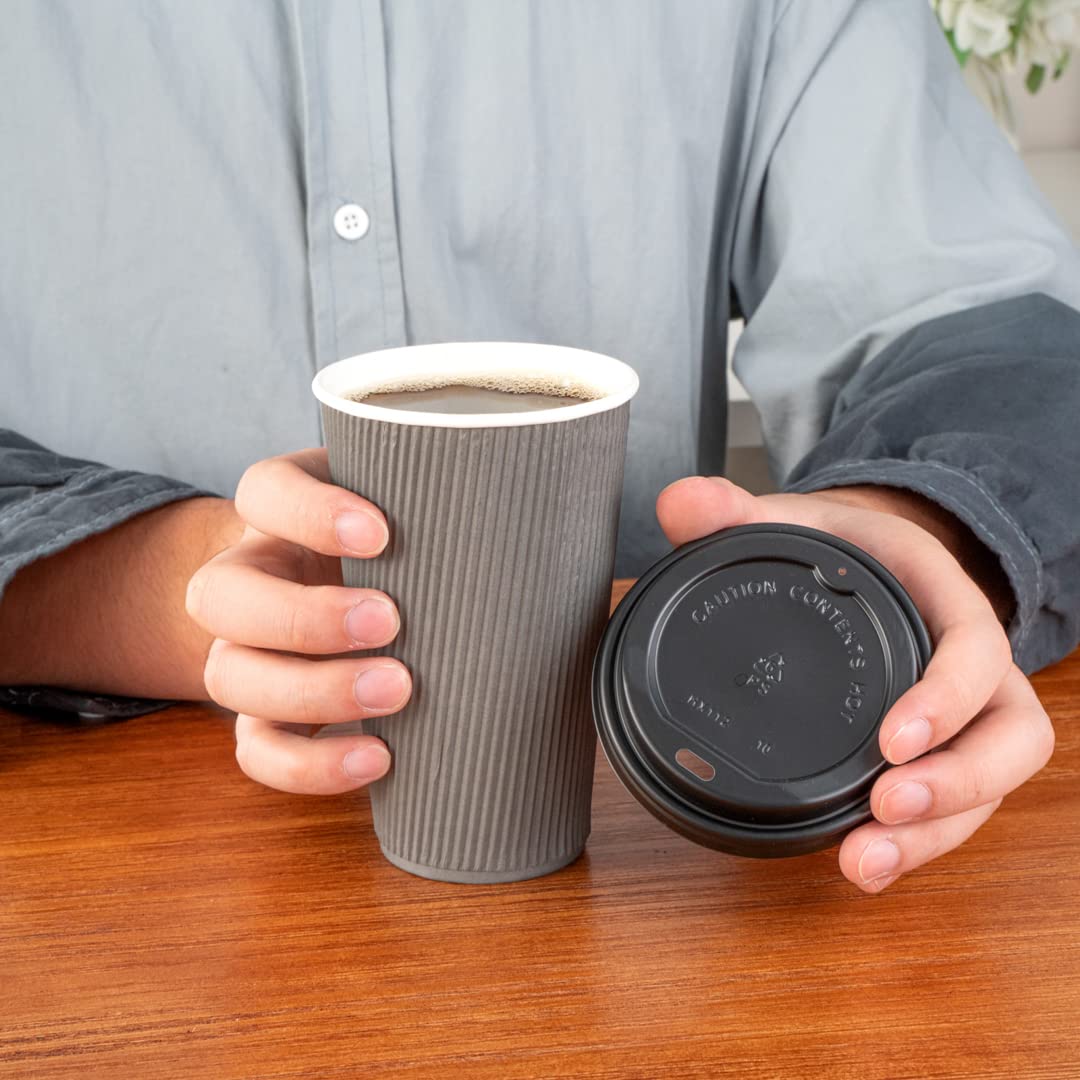 16oz Insulated Coffee Cups with Lids - 200 Pack Leakproof Ripple Wall Hot Cups | Disposable Gray Paper Cups for Coffee, Tea, Hot Cocoa & Lattes | Perfect for Cafes, Offices & Catering Events