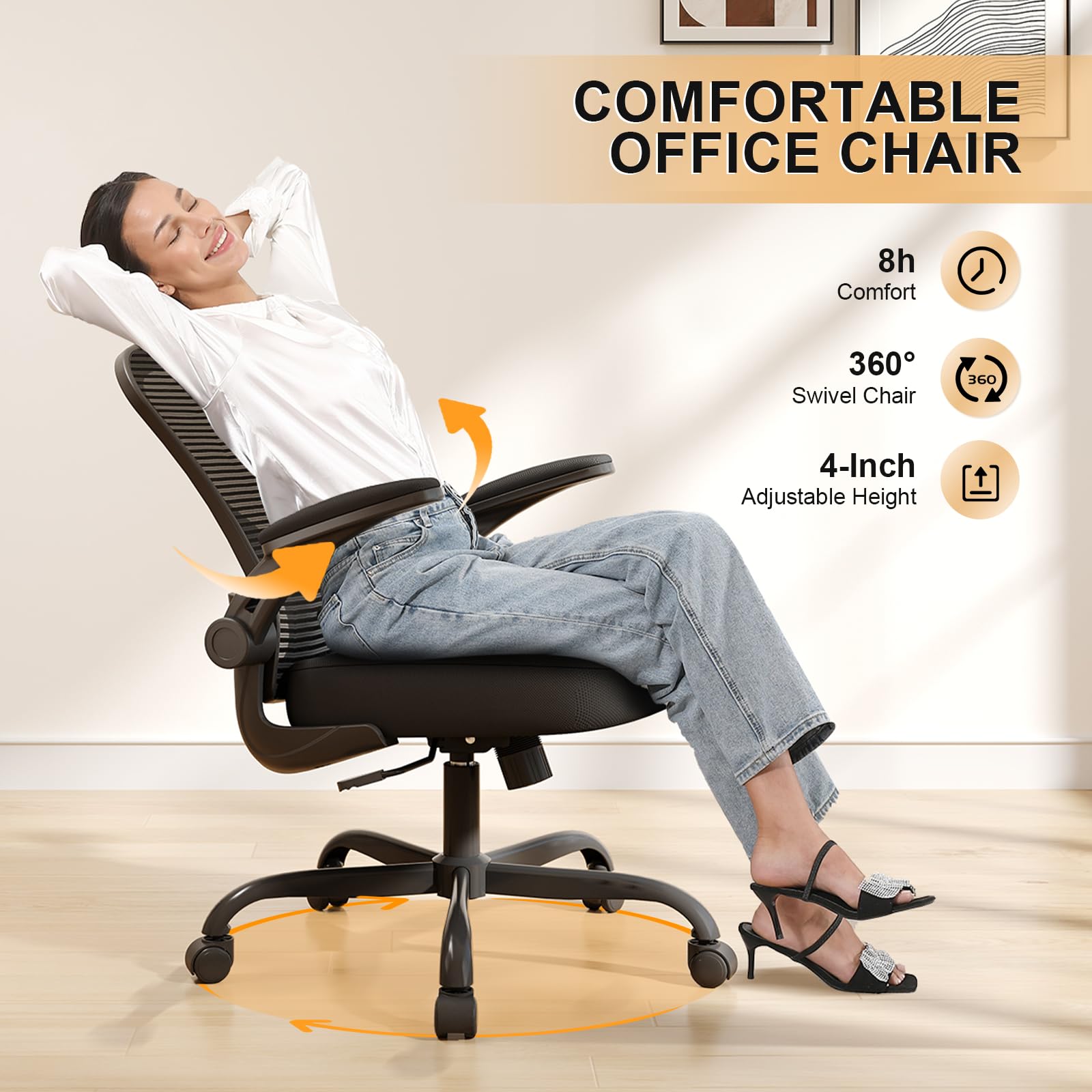 Ergonomic Office Chair with High Back Mesh & Adjustable Lumbar Support - 330LBS Capacity Computer Desk Chair with Flip-Up Armrests, Swivel Base - Perfect for Home Office, Gaming & Executive Workspaces - Black