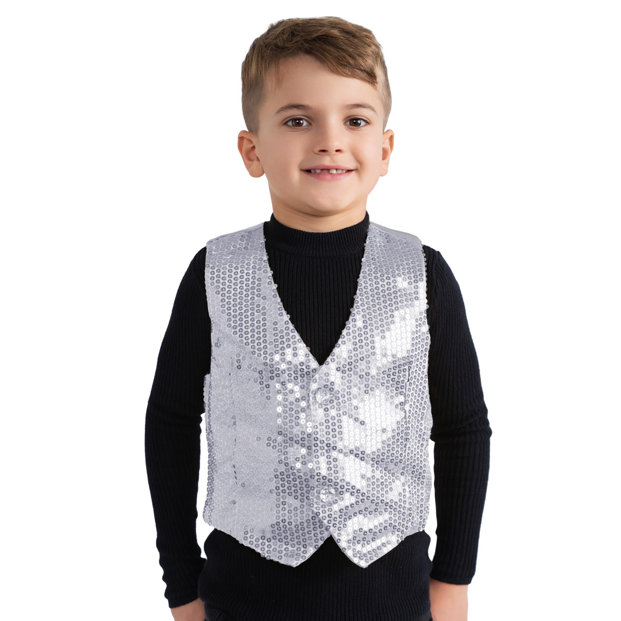 Dress Up America Sequin Vest for Kids - Silver Shiny Dance Vest for Boys & Girls - Party Costume for Performances, Dance Recitals, and Birthday Celebrations