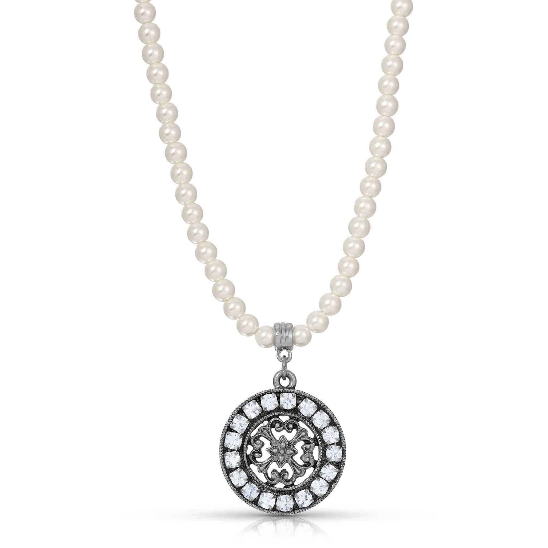 1928 Jewelry 4mm Faux Pearl Strand Necklace with Hanauma Filigree Crystal Pendant - 15