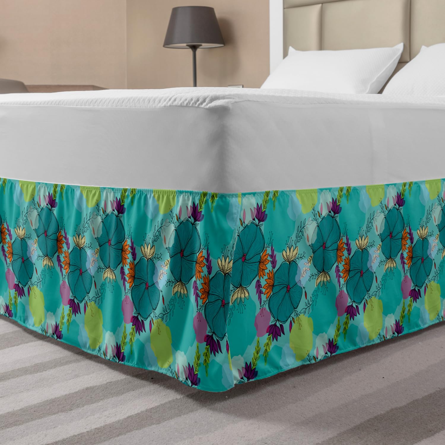 Ambesonne Botanical Bed Skirt - Floral Bouquet Design with Pastel Colors & Unique Spots, Elastic Dust Ruffle Wrap Around for Queen Size Beds | Perfect for Bedroom Decor, Guest Rooms & Cozy Home Styling