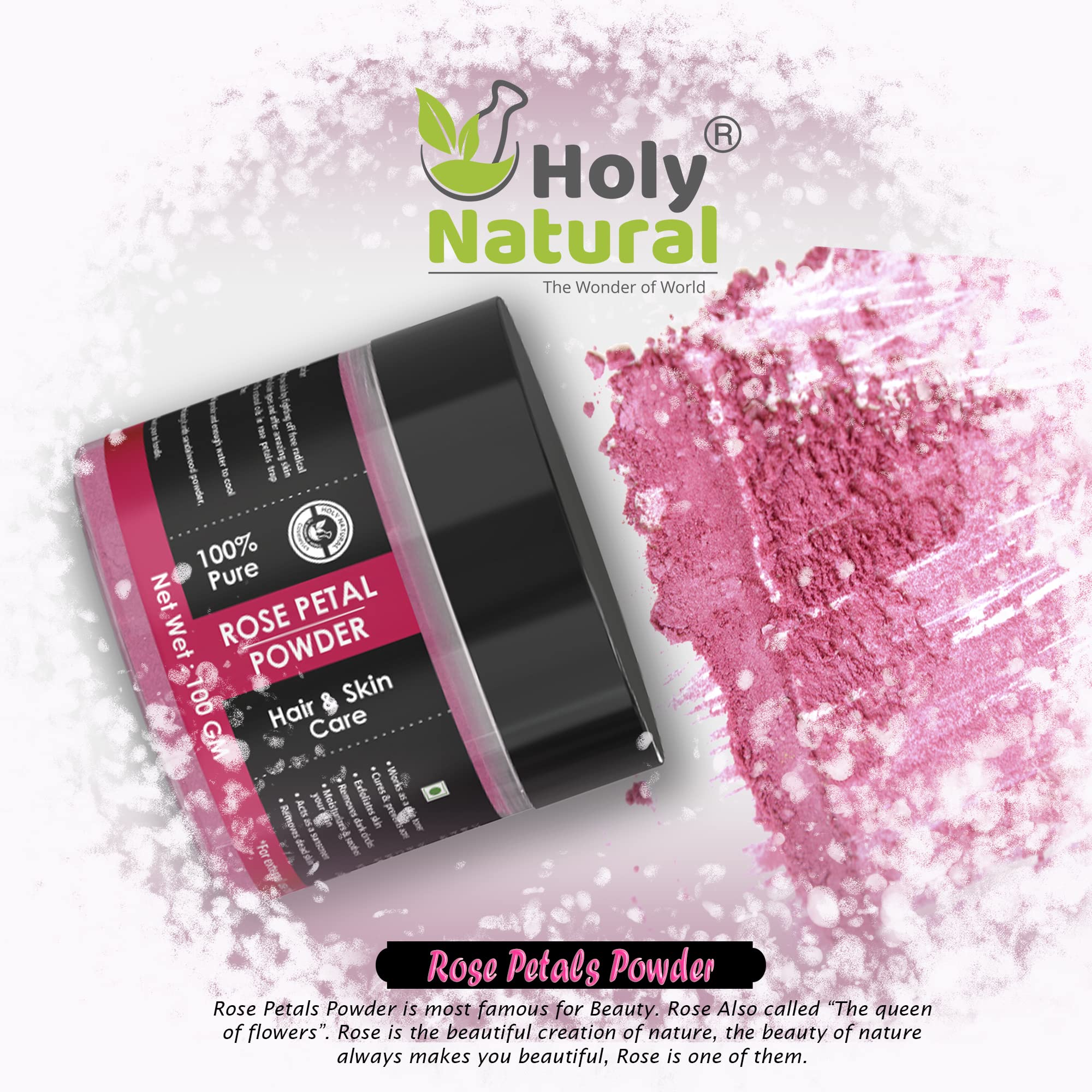 100% Pure Holy Natural Rose Petals Powder (100g) - Organic Gulab Patti Powder for Face Mask, Skin Brightening, Body Wash & Tan Removal | DIY Beauty Care for Glowing Skin & Dark Spot Treatment