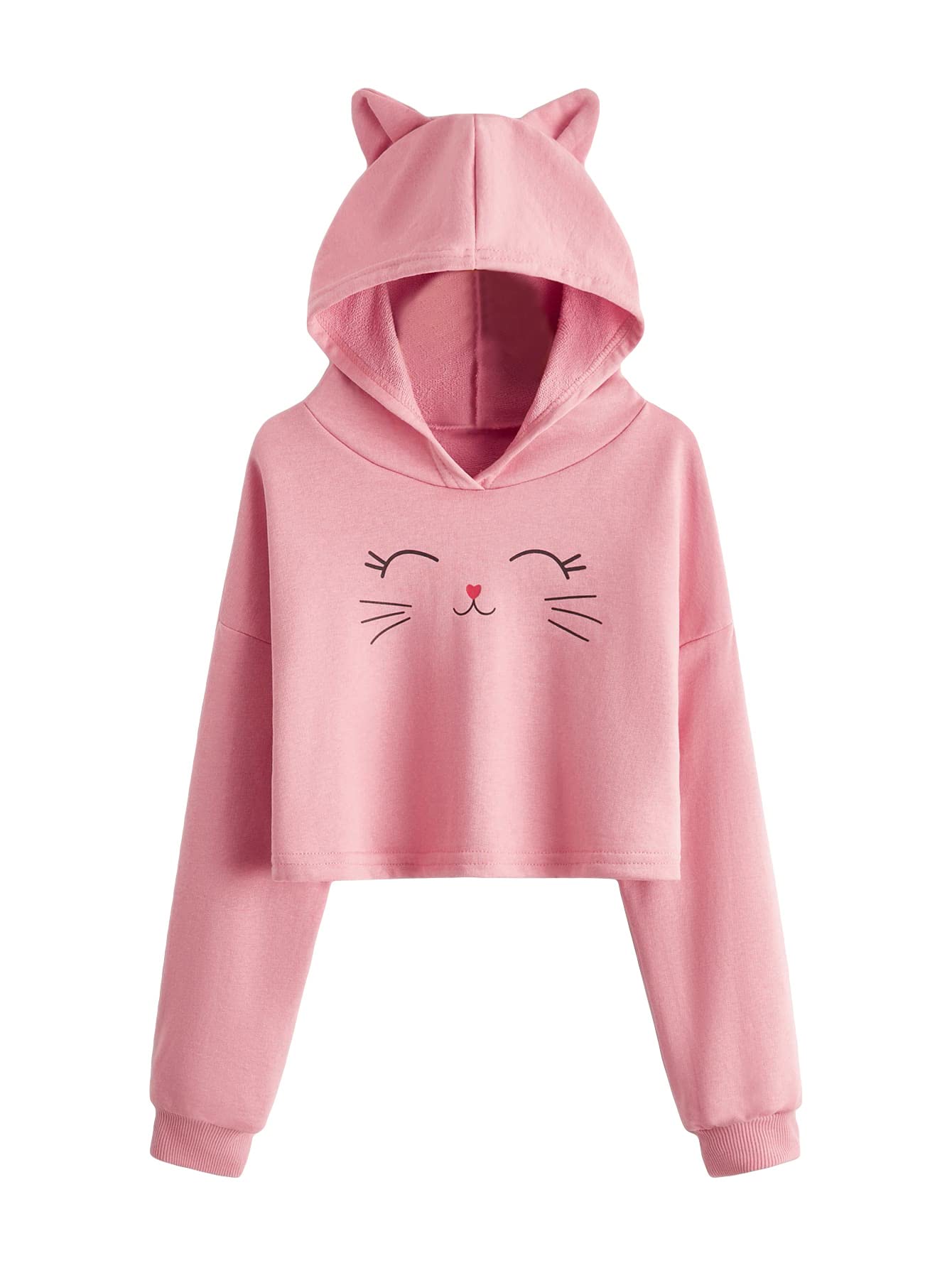 MakeMeChic Girls' Cute Cat Print Crop Hoodie - Drop Shoulder Long Sleeve Pullover Sweatshirt for Teens | Perfect for Casual Wear, School Outfits & Street Style Fashion