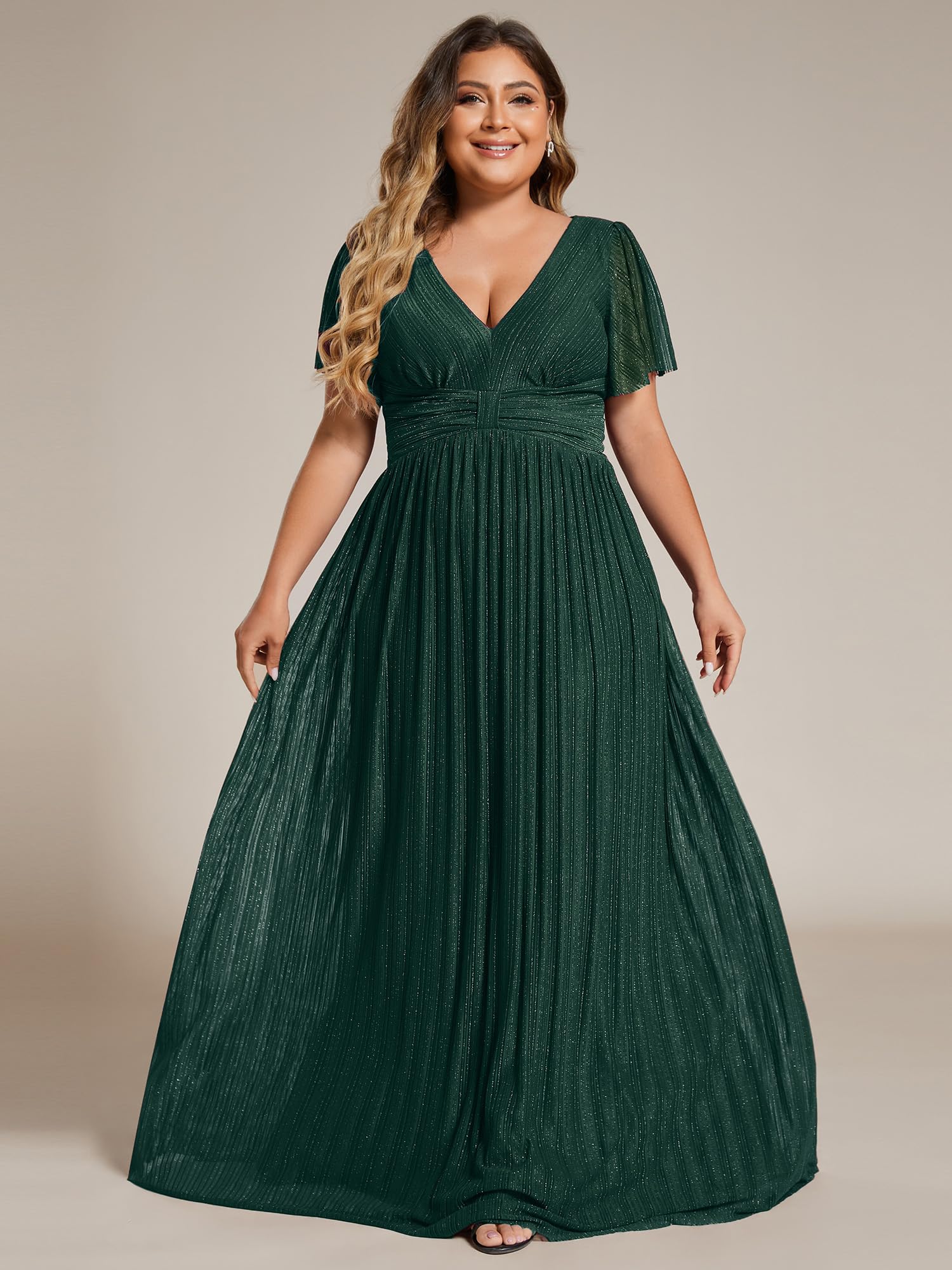 Ever-Pretty Women's Plus Size A-Line V-Neck Glitter Short Sleeve Pleated Formal Evening Dress 11961-DA | Elegant Party Gown for Prom, Wedding Guest & Special Occasions