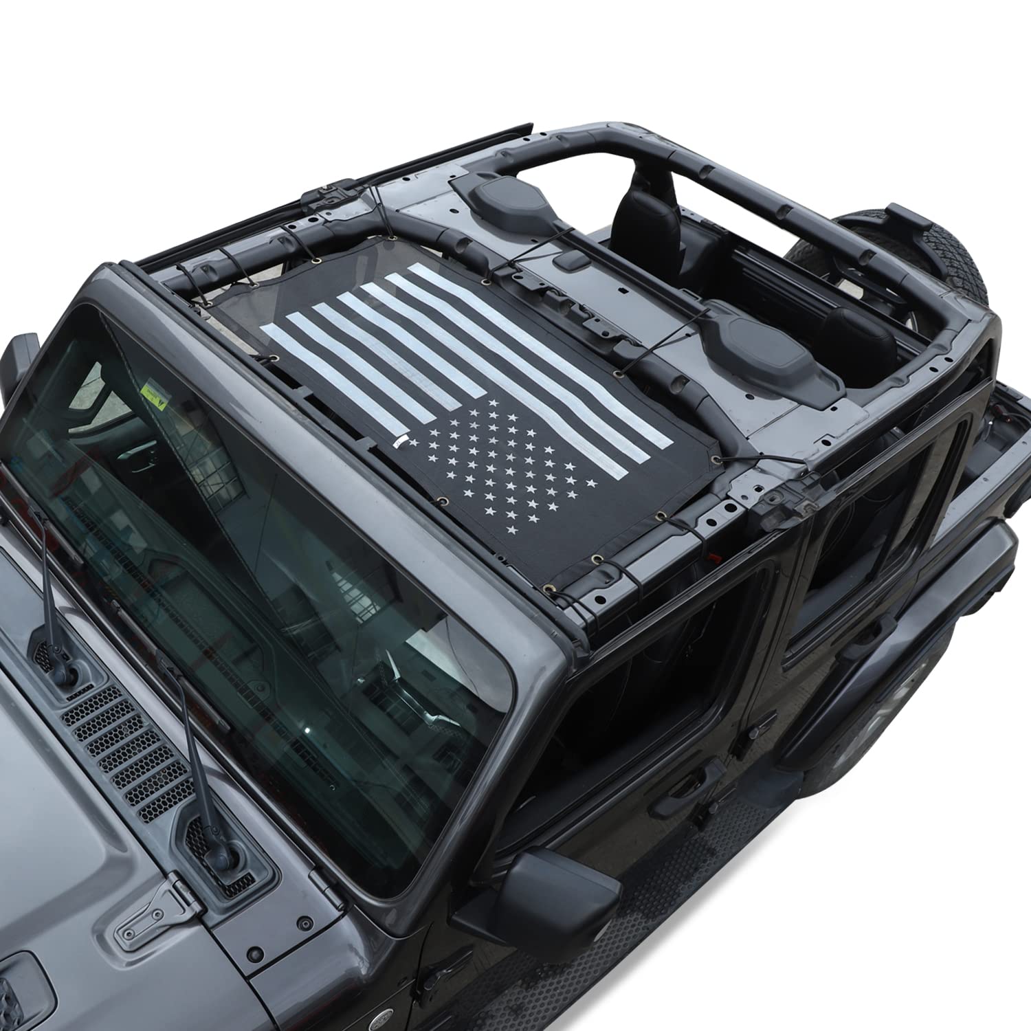 Jeep JL Bikini Top Sunshade Mesh with US Flag Design - Black Mesh Sun Shade for Jeep Wrangler JL/JLU & Gladiator JT (2018+ Models) | UV Protection & Off-Road Accessories for Summer Beach & Outdoor Adventures