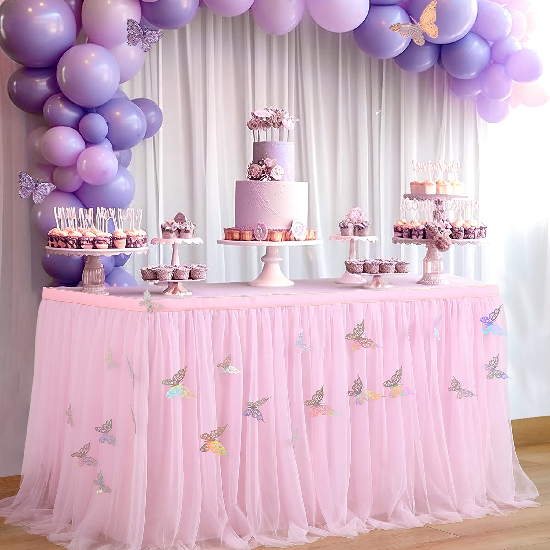 9ft Pink Butterfly Tulle Table Skirt for Rectangle & Round Tables - Tutu Tablecloth for Baby Showers, Girls Birthday Parties, Weddings & Cake Table Decorations - Perfect for Butterfly Theme Events & Dessert Displays