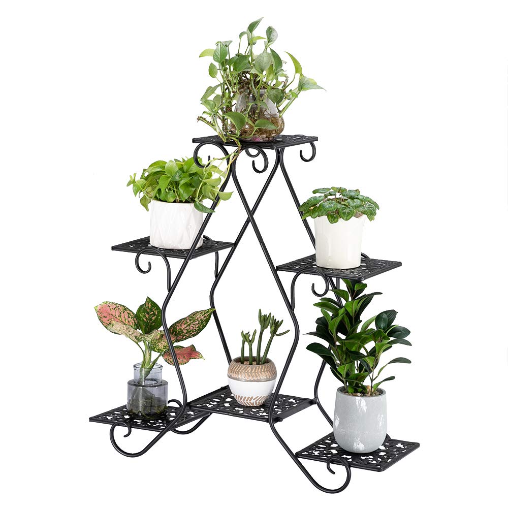 Beyamis 30.3 Inch Black Painted 3-Tier Pentagonal Plant Stand - 5 Seat Flower Pot Holder with Decorative Pattern for Indoor/Outdoor Garden Decor