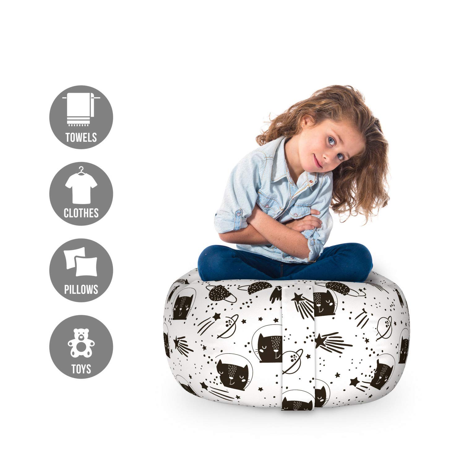 Ambesonne Washable Pet Storage Toy Bag Chair - Space Cats & Constellation Stars Design, Stuffed Animal Organizer for Kids Room, Small Size White & Black - Perfect for Organizing Toys in Bedrooms, Playrooms & Daycares