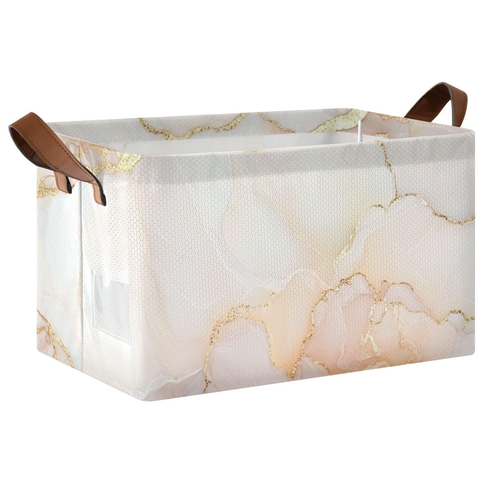 Marble White Blush Collapsible Fabric Storage Bins with Handles - 2 Pack Foldable Cube Baskets for Closet, Bedroom & Home Organization - Perfect for Clothes, Toys & Seasonal Storage