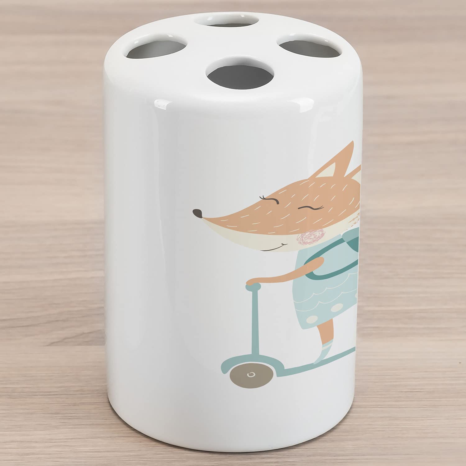 Ambesonne Fox Ceramic Toothbrush Holder - Cute Animal Scooter Design, Decorative Bathroom Countertop Organizer, 4.5 x 2.7 Inches, Rose Color - Perfect for Bathroom Vanity, Kids' Room Decor & Gift Idea