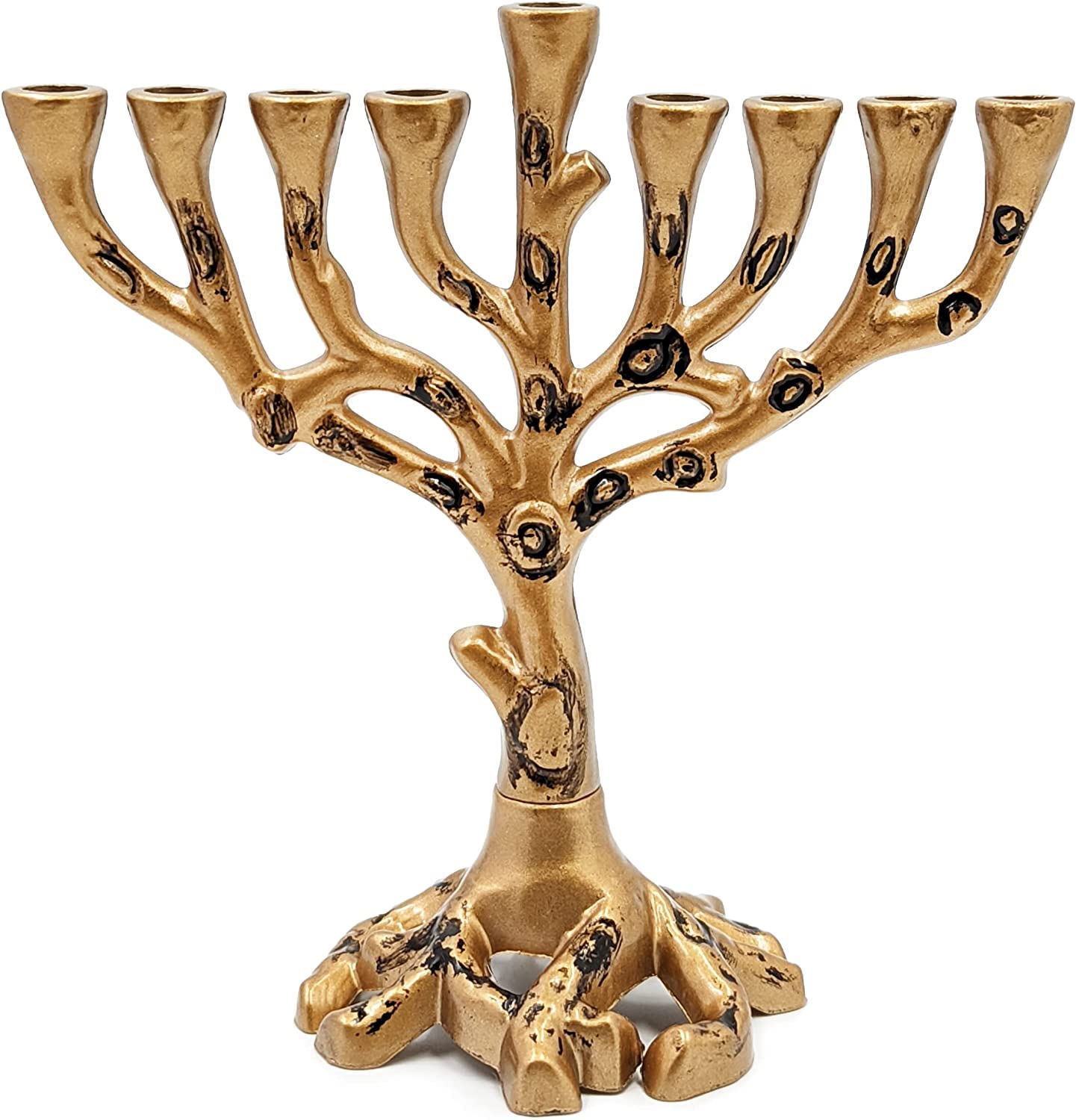 Hanukkah Menorah with Tree of Life Design - Brass Finish Dreidel Company Chanukah Candle Holder - Fits Standard Hanukkah Candles - Perfect for Jewish Holiday Decor & Home Celebration