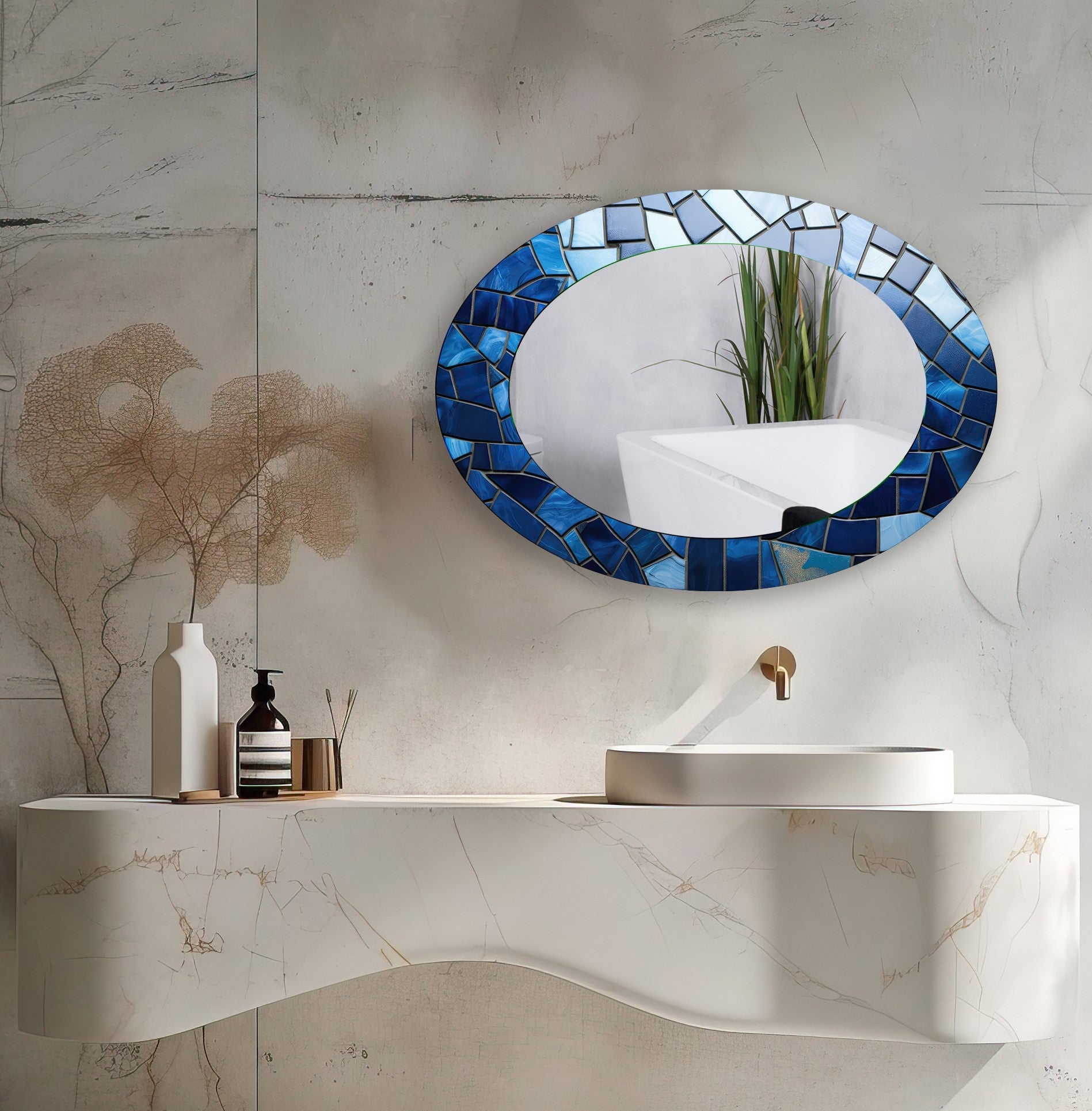 Elegant Blue Oval Wall Mirror for Home Decor - Perfect for Living Room, Bedroom & Entryway Decoration