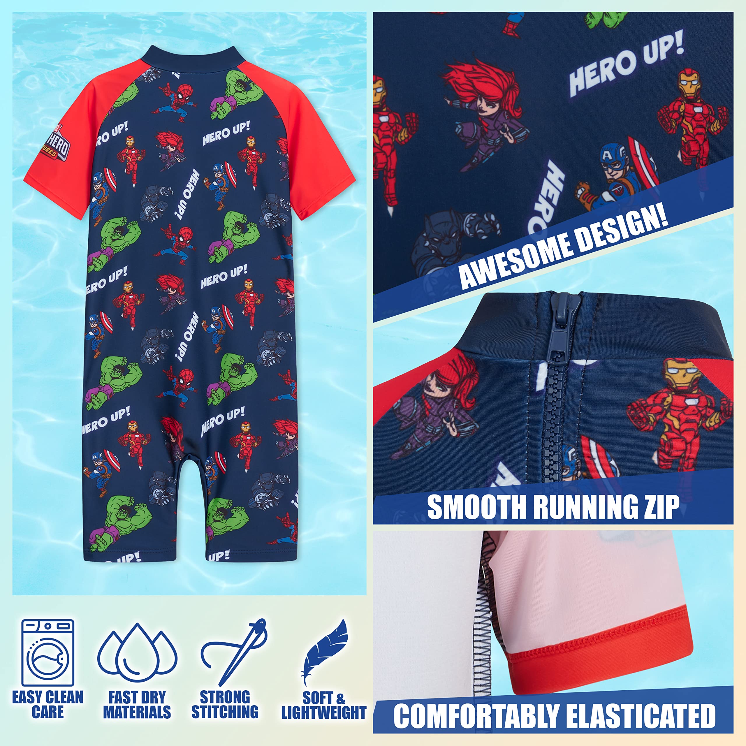 Marvel Kids Rash Guard Swimsuit - Full Body UV Protection Swimwear for Boys & Girls - Perfect for Beach, Pool & Summer Vacation Activities