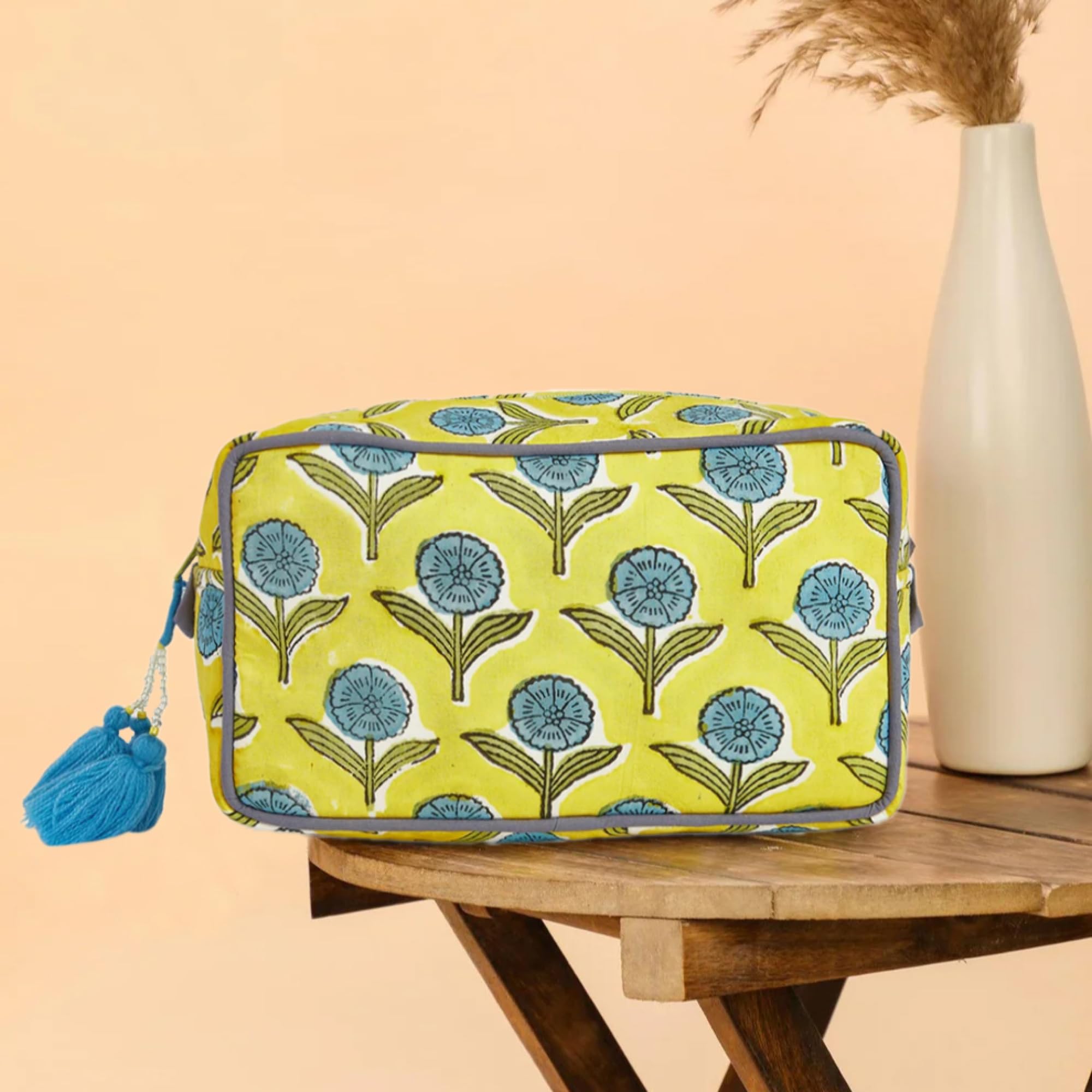 Waterproof Travel Makeup Bag for Women - Large Capacity Cosmetic Organizer with Water-Resistant Lining - Portable Toiletry Pouch & Open Cosmetic Case - Perfect for Vacation, Gym & Daily Essentials (Blue & Yellow Floral Design)
