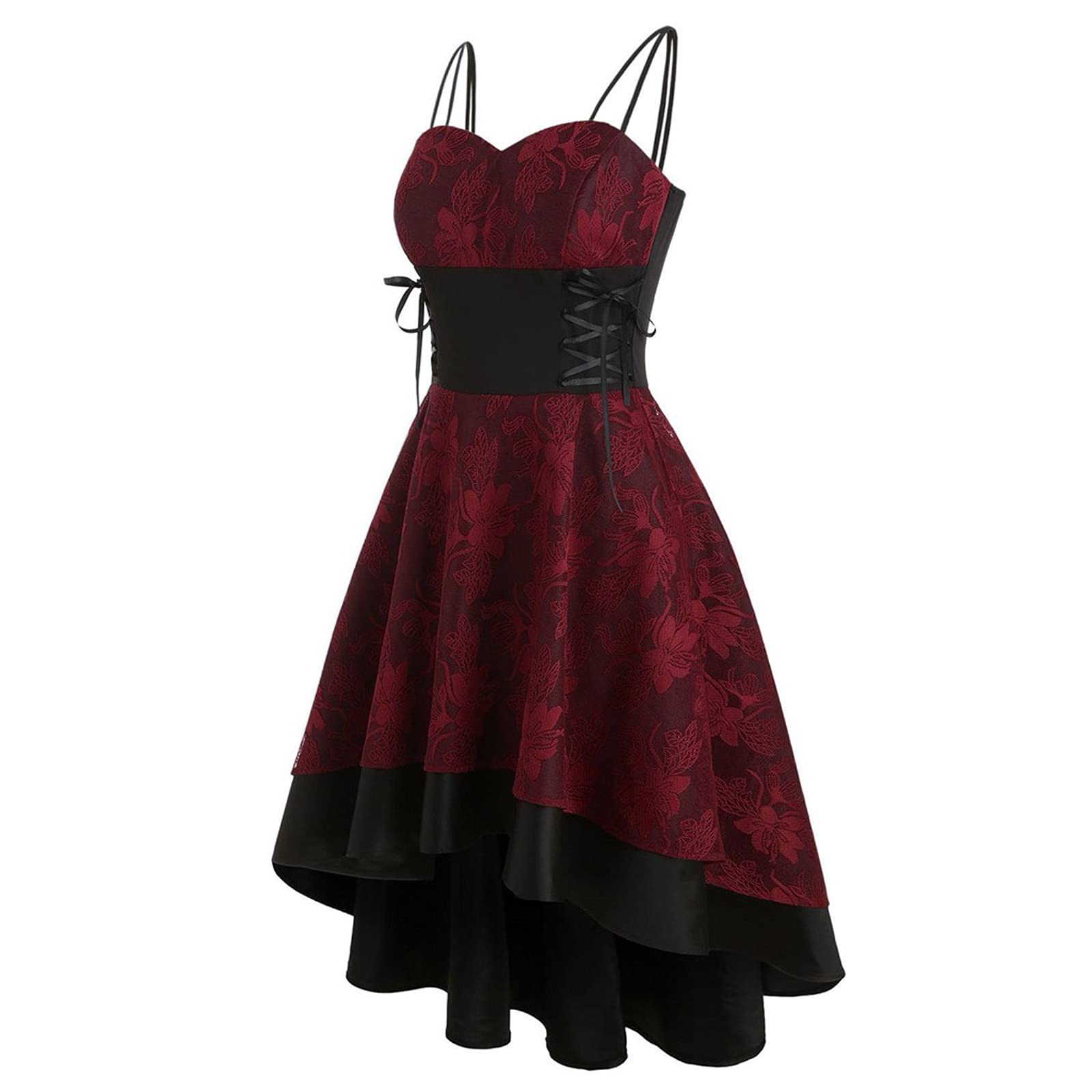Gothic Punk Dresses for Women - Pleated Cami Midi Dress with Drawstring Waist & Lace Spaghetti Straps | Perfect for Halloween, Cosplay, Concerts and Alternative Fashion