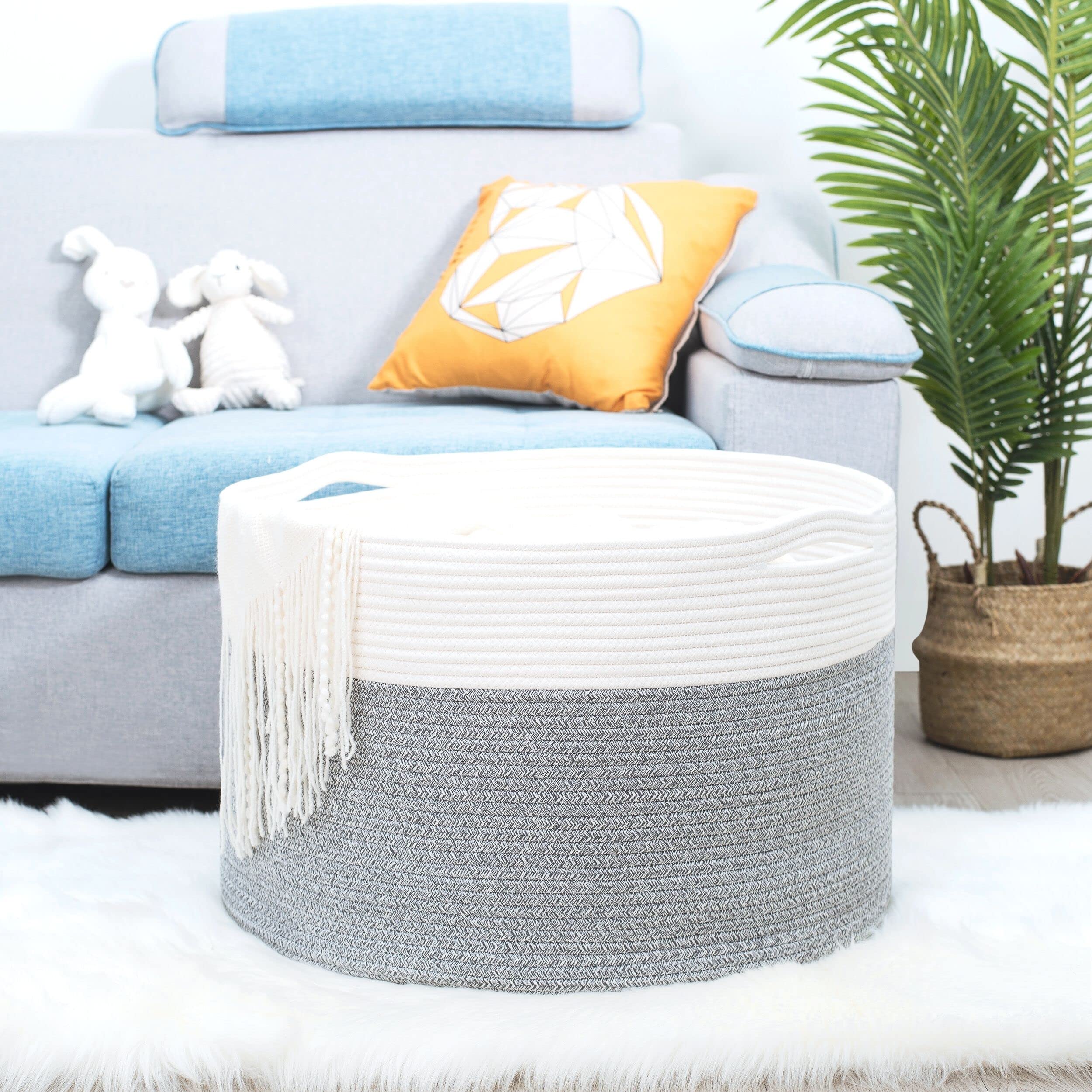MINTWOOD Extra Large 22x14 Inch Woven Cotton Rope Storage Basket - Blanket Organizer, Laundry Hamper, Toy Bin for Living Room, Nursery & Bedroom - Light Grey Home Decor Storage Solution