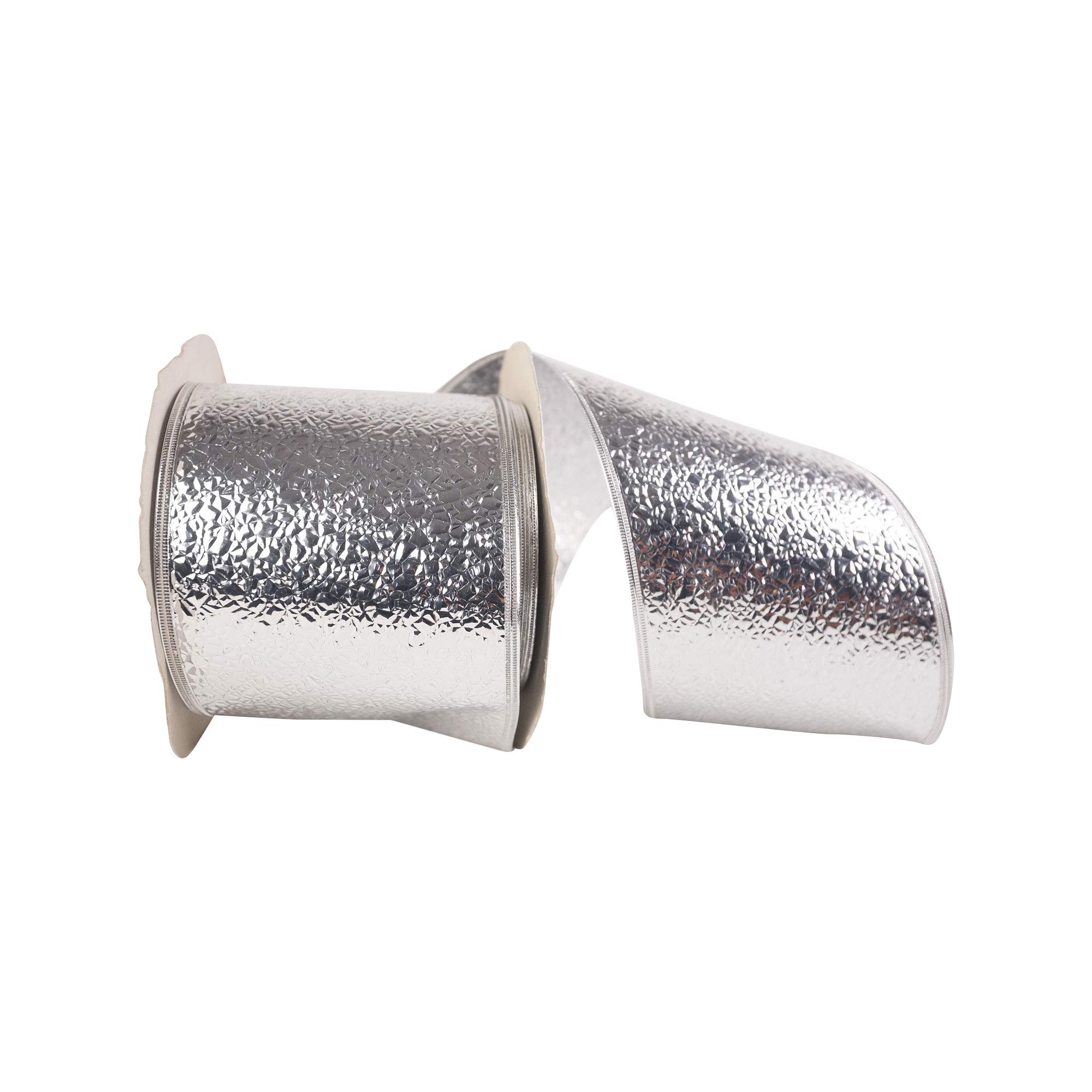 Reliant Ribbon Cracked Ice Display Wired Edge Ribbon - 4 Inch x 50 Yards Silver Metallic Gift Wrapping Ribbon for Christmas Decorations, Party Favors & Craft Projects